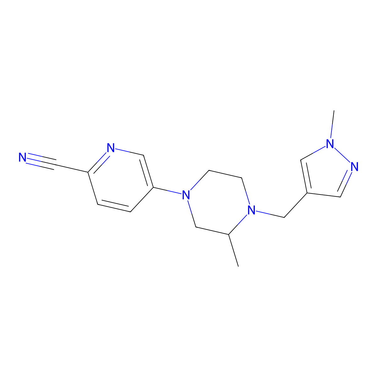 5-{3-methyl-4-[(1-methyl-1H-pyrazol-4-yl)methyl]piperazin-1-yl}pyridine-2-carbonitrile molecular structure, CAS 2770641-76-2