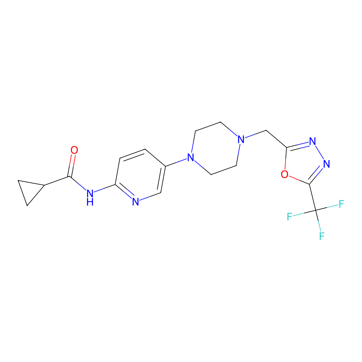N-[5-(4-{[5-(trifluoromethyl)-1,3,4-oxadiazol-2-yl]methyl}piperazin-1-yl)pyridin-2-yl]cyclopropanecarboxamide molecular structure, CAS 2770641-79-5