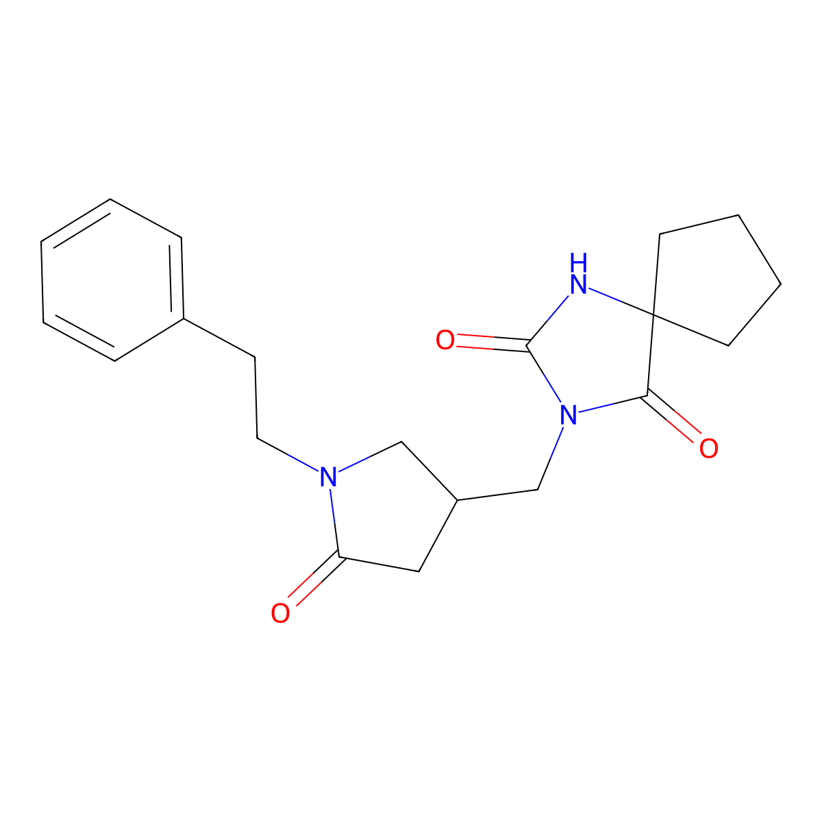 3-{[5-Oxo-1-(2-phenylethyl)pyrrolidin-3-yl]methyl}-1,3-diazaspiro[4.4]nonane-2,4-dione molecular structure, CAS 2770641-80-8