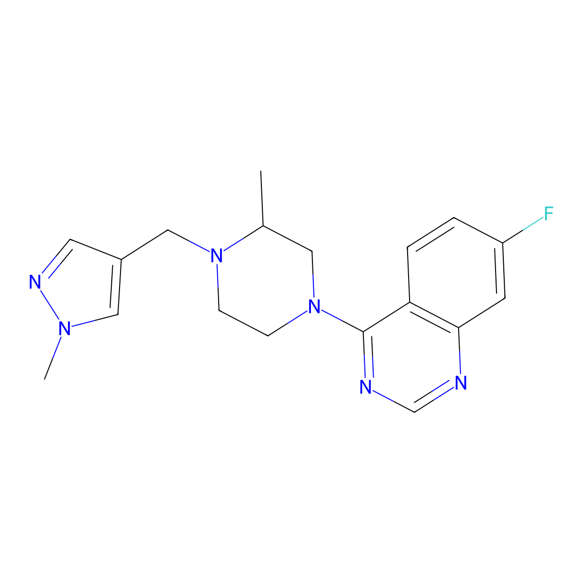7-fluoro-4-{3-methyl-4-[(1-methyl-1H-pyrazol-4-yl)methyl]piperazin-1-yl}quinazoline molecular structure, CAS 2770641-84-2