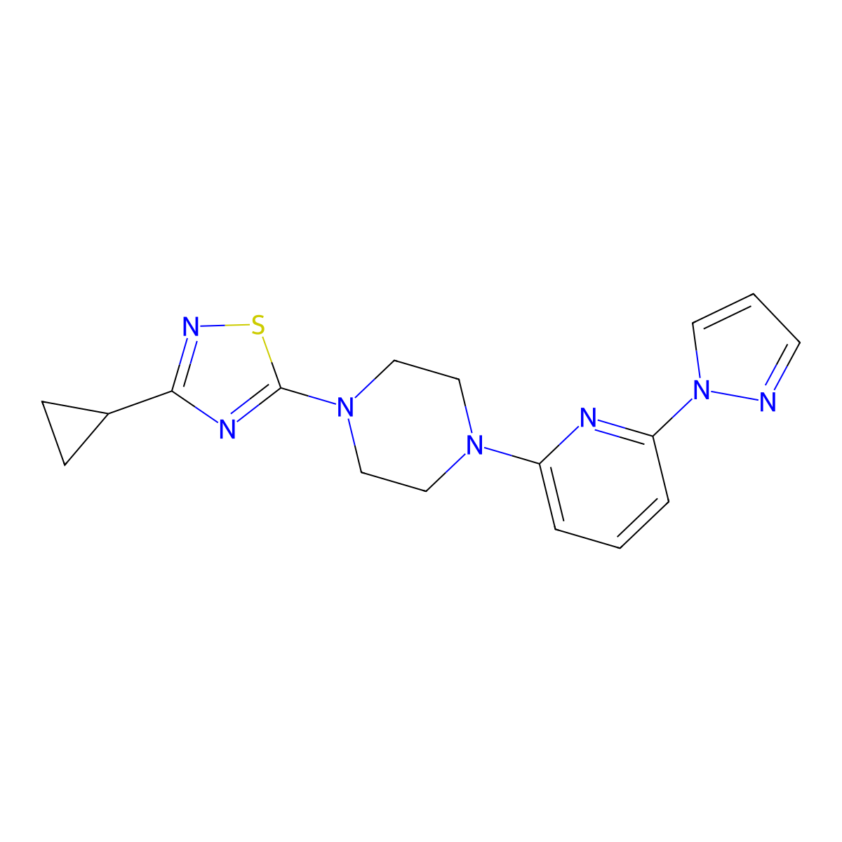 1-(3-cyclopropyl-1,2,4-thiadiazol-5-yl)-4-[6-(1H-pyrazol-1-yl)pyridin-2-yl]piperazine molecular structure, CAS 2770641-98-8