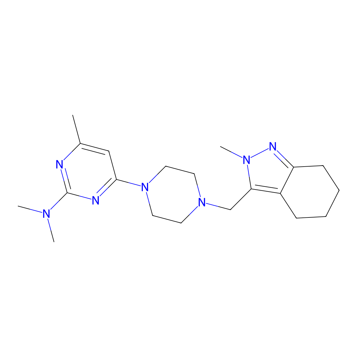 N,N,4-trimethyl-6-{4-[(2-methyl-4,5,6,7-tetrahydro-2H-indazol-3-yl)methyl]piperazin-1-yl}pyrimidin-2-amine molecular structure, CAS 2770642-01-6