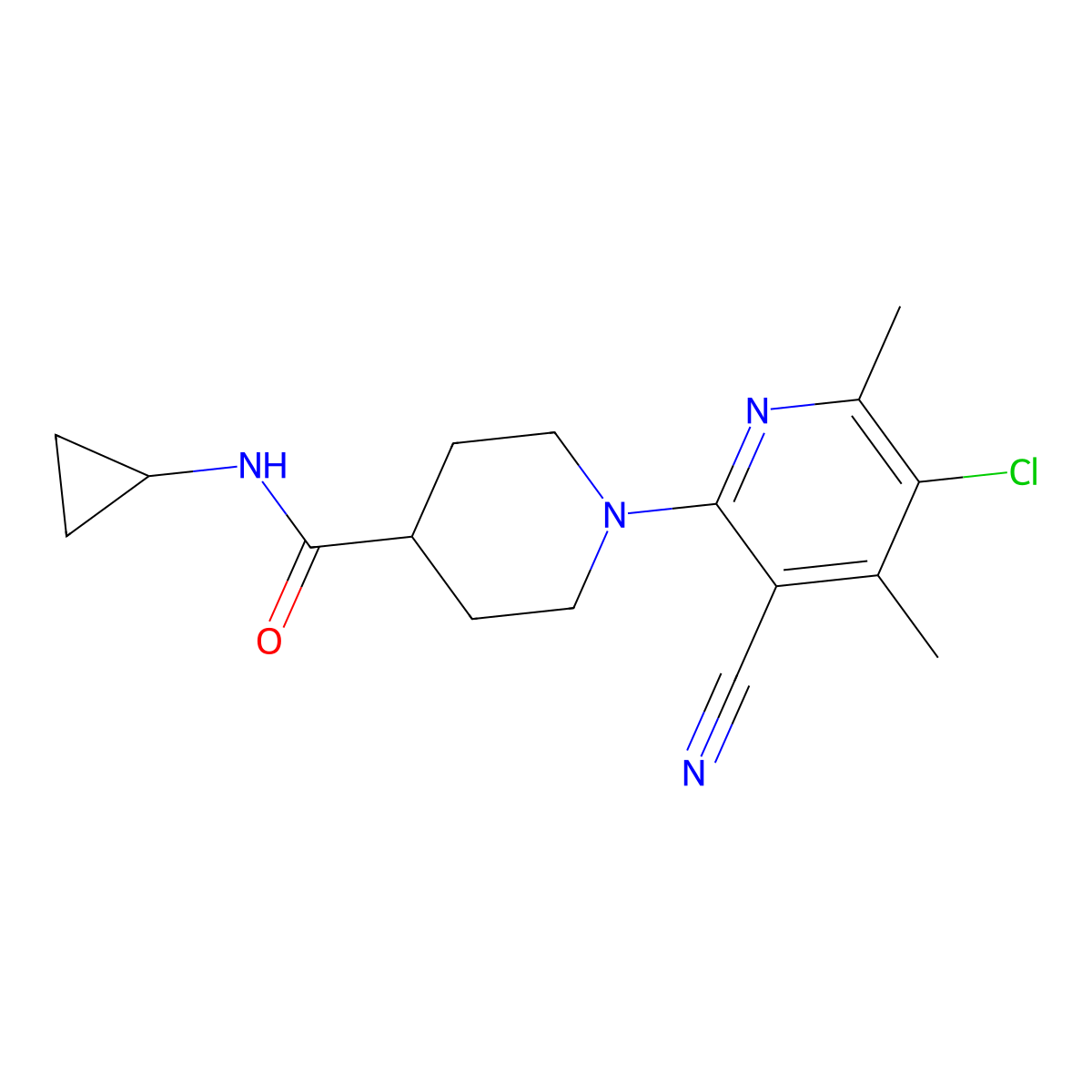 1-(5-chloro-3-cyano-4,6-dimethylpyridin-2-yl)-N-cyclopropylpiperidine-4-carboxamide molecular structure, CAS 2770642-02-7