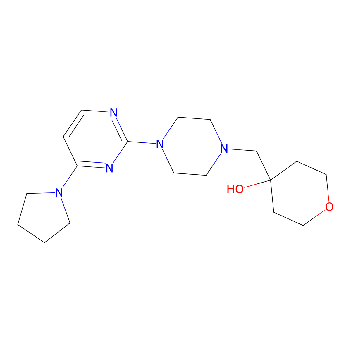 4-({4-[4-(Pyrrolidin-1-yl)pyrimidin-2-yl]piperazin-1-yl}methyl)oxan-4-ol molecular structure, CAS 2770642-04-9