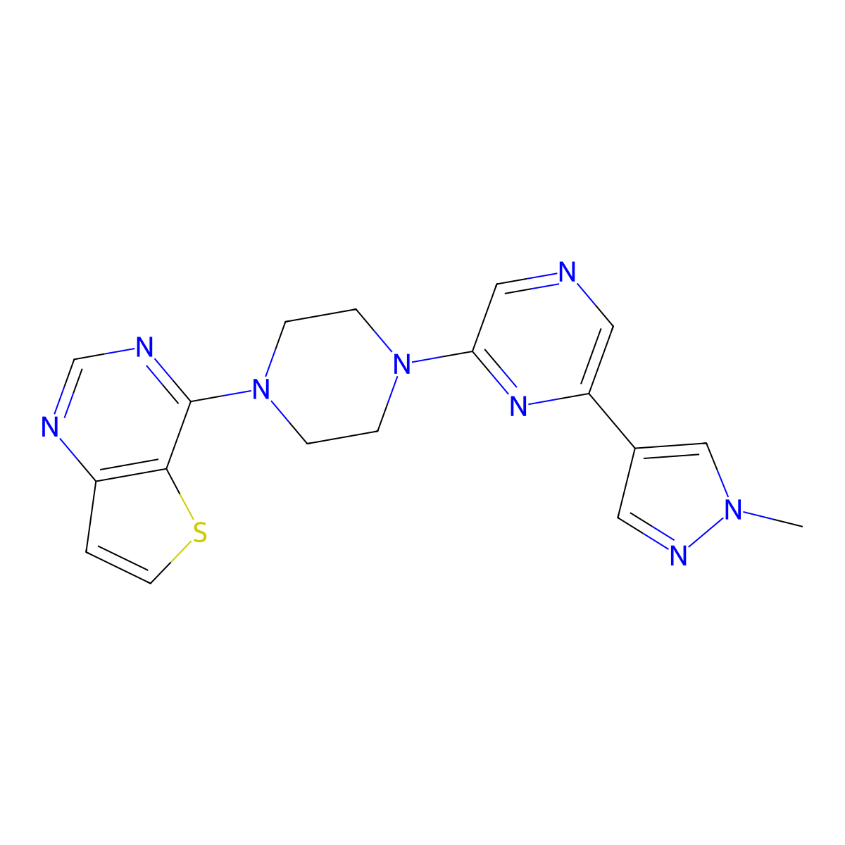 2-(1-methyl-1H-pyrazol-4-yl)-6-(4-{thieno[3,2-d]pyrimidin-4-yl}piperazin-1-yl)pyrazine molecular structure, CAS 2770642-11-8