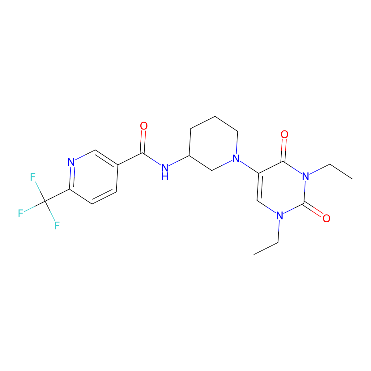 N-[1-(1,3-diethyl-2,4-dioxo-1,2,3,4-tetrahydropyrimidin-5-yl)piperidin-3-yl]-6-(trifluoromethyl)pyridine-3-carboxamide molecular structure, CAS 2770642-13-0