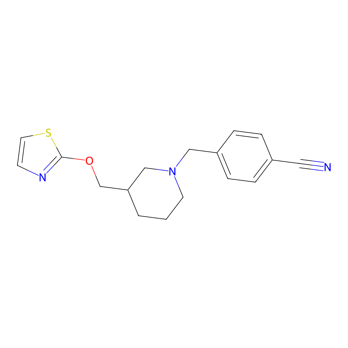 4-({3-[(1,3-Thiazol-2-yloxy)methyl]piperidin-1-yl}methyl)benzonitrile molecular structure, CAS 2770642-16-3