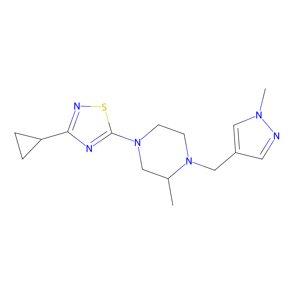 4-(3-cyclopropyl-1,2,4-thiadiazol-5-yl)-2-methyl-1-[(1-methyl-1H-pyrazol-4-yl)methyl]piperazine molecular structure, CAS 2770642-17-4