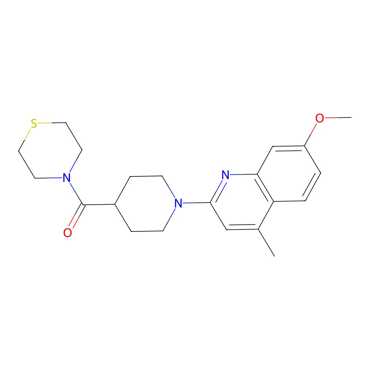 7-Methoxy-4-methyl-2-[4-(thiomorpholine-4-carbonyl)piperidin-1-yl]quinoline molecular structure, CAS 2770642-23-2