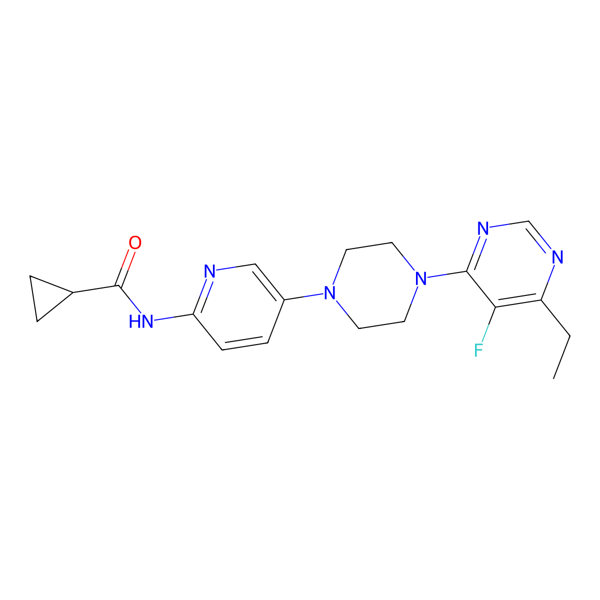 N-{5-[4-(6-ethyl-5-fluoropyrimidin-4-yl)piperazin-1-yl]pyridin-2-yl}cyclopropanecarboxamide molecular structure, CAS 2770642-26-5