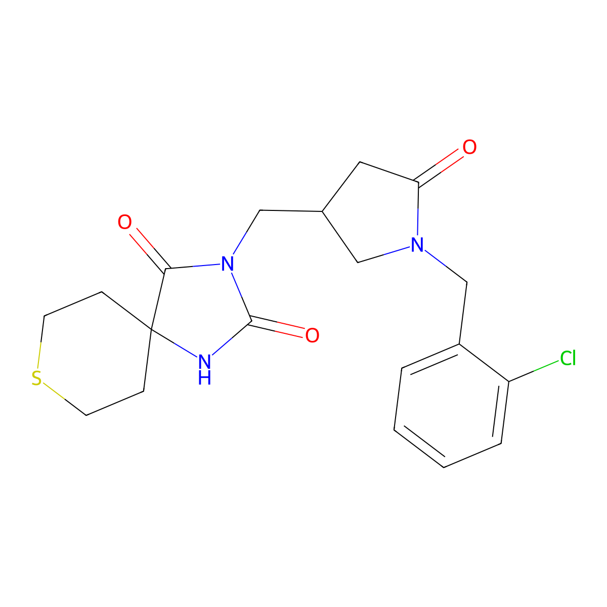 3-({1-[(2-Chlorophenyl)methyl]-5-oxopyrrolidin-3-yl}methyl)-8-thia-1,3-diazaspiro[4.5]decane-2,4-dione molecular structure, CAS 2770642-33-4
