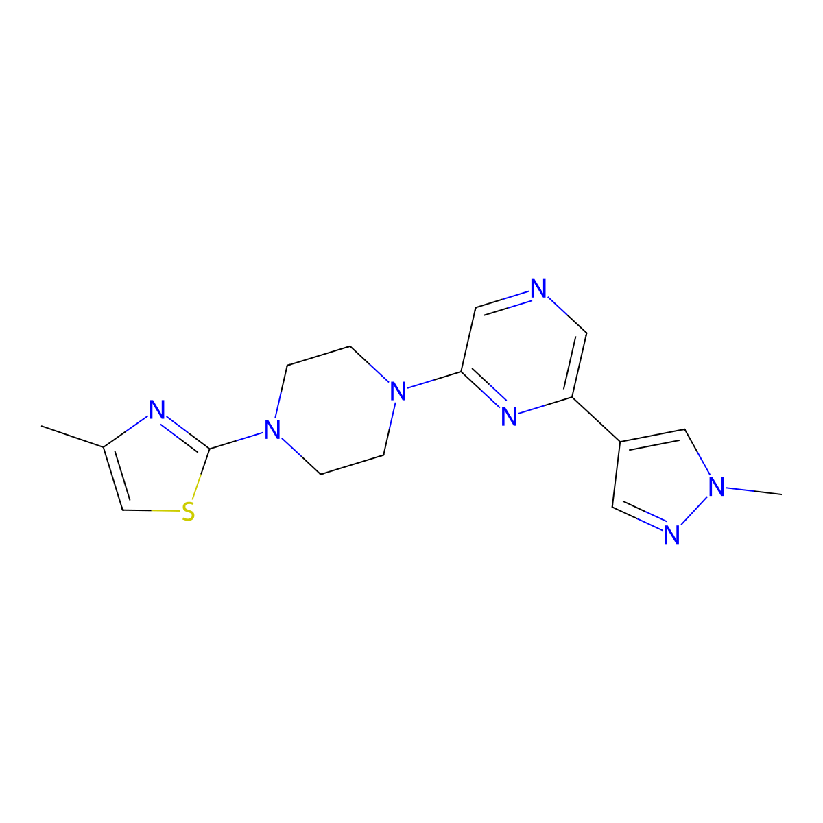 2-[4-(4-methyl-1,3-thiazol-2-yl)piperazin-1-yl]-6-(1-methyl-1H-pyrazol-4-yl)pyrazine molecular structure, CAS 2770642-38-9