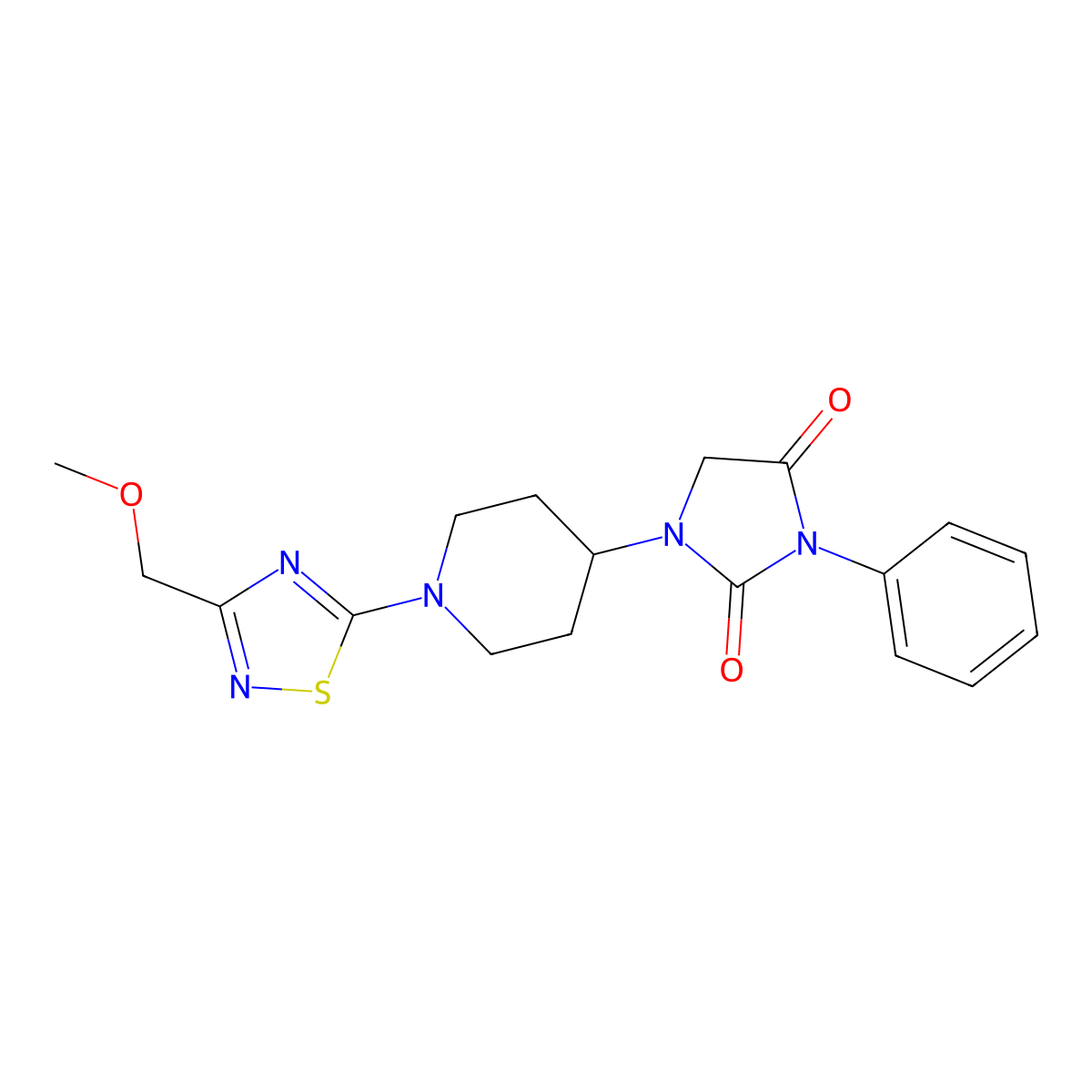 1-{1-[3-(Methoxymethyl)-1,2,4-thiadiazol-5-yl]piperidin-4-yl}-3-phenylimidazolidine-2,4-dione molecular structure, CAS 2770642-39-0