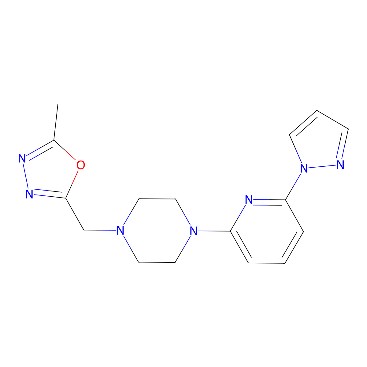 1-[(5-methyl-1,3,4-oxadiazol-2-yl)methyl]-4-[6-(1H-pyrazol-1-yl)pyridin-2-yl]piperazine molecular structure, CAS 2770642-47-0
