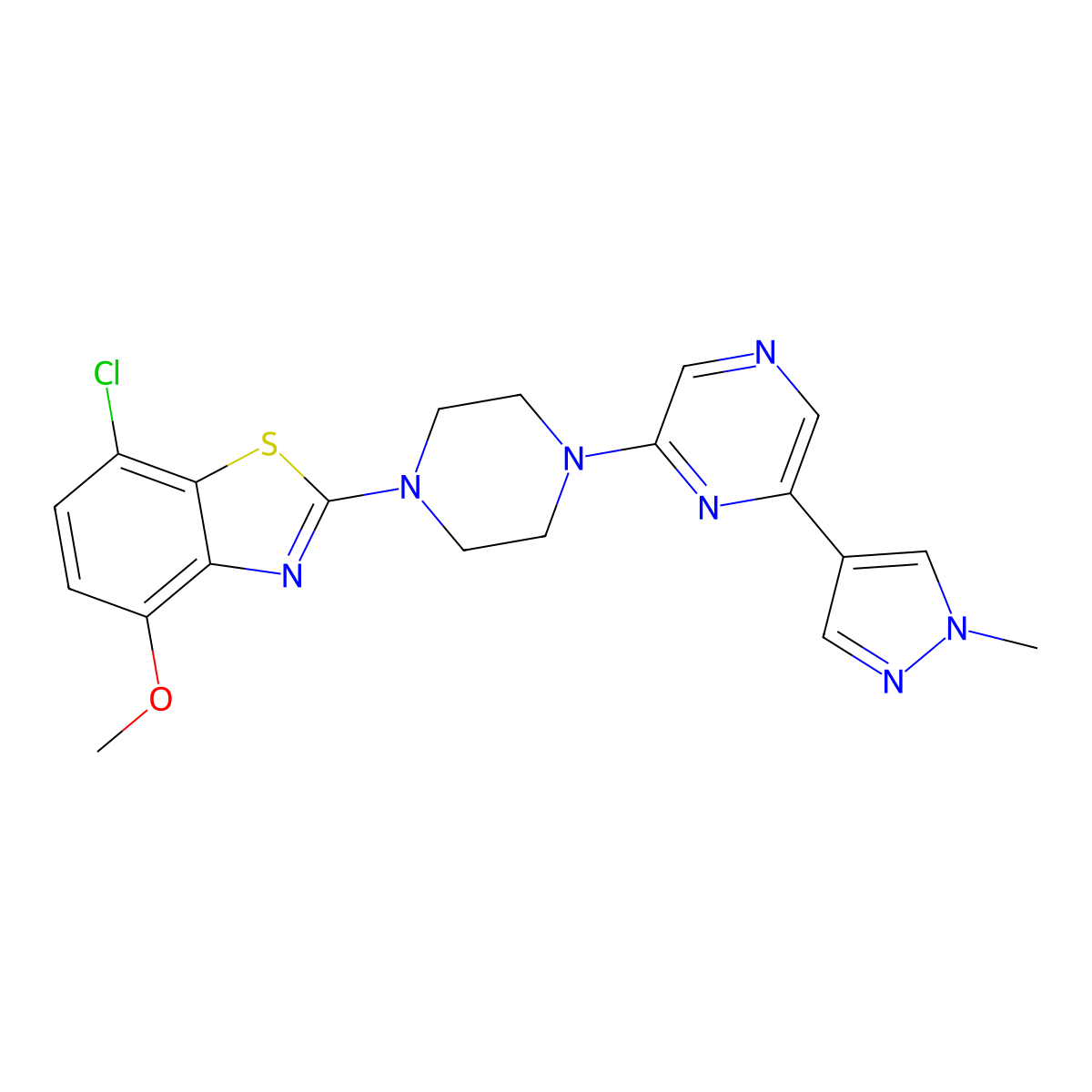 7-chloro-4-methoxy-2-{4-[6-(1-methyl-1H-pyrazol-4-yl)pyrazin-2-yl]piperazin-1-yl}-1,3-benzothiazole molecular structure, CAS 2770642-48-1