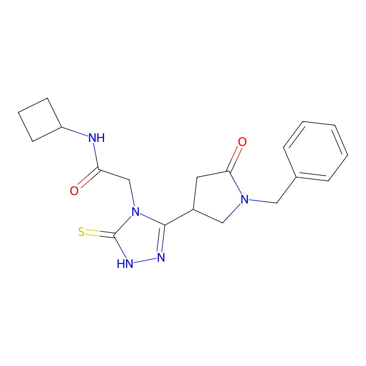 2-[3-(1-benzyl-5-oxopyrrolidin-3-yl)-5-sulfanylidene-4,5-dihydro-1H-1,2,4-triazol-4-yl]-N-cyclobutylacetamide molecular structure, CAS 2770642-54-9