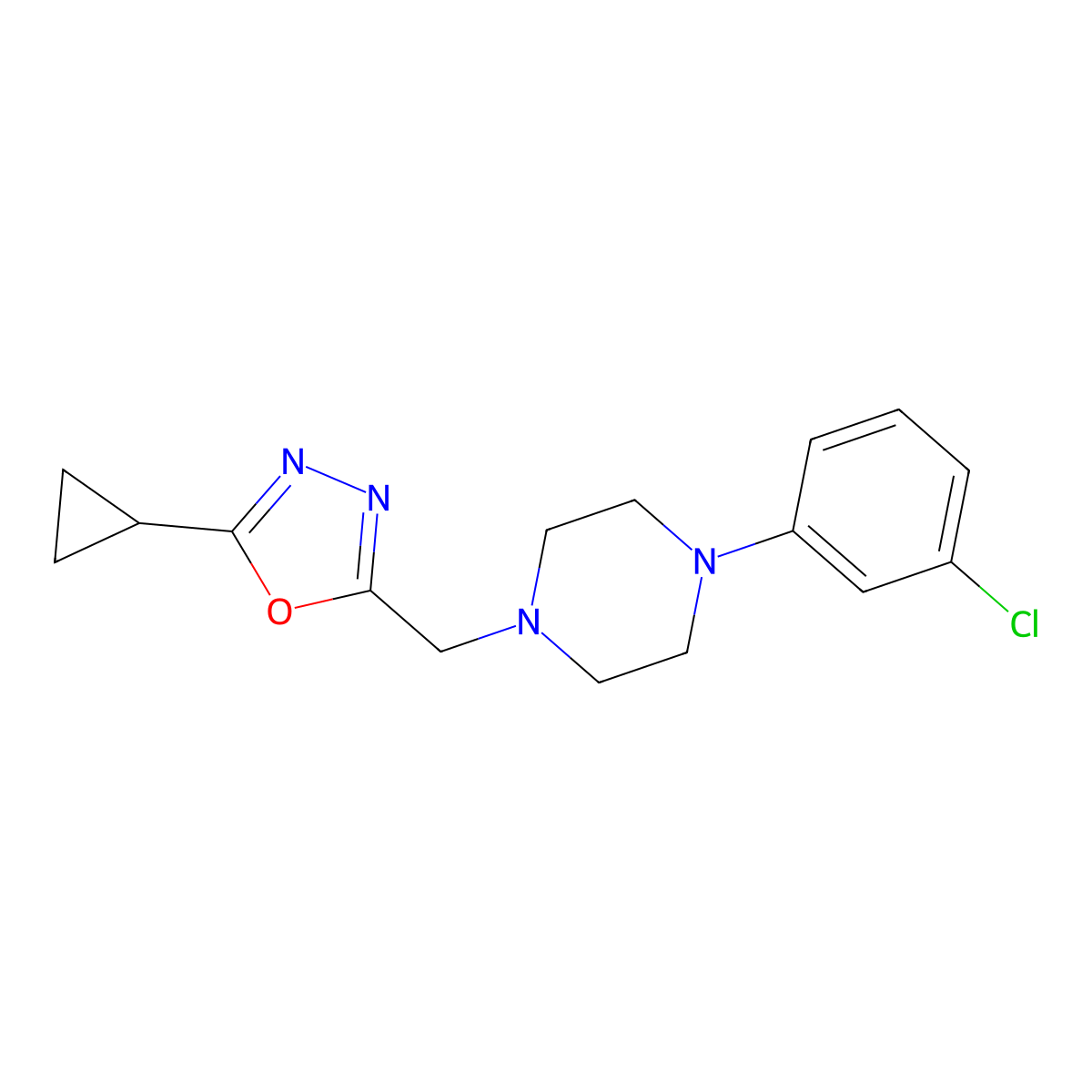 1-(3-Chlorophenyl)-4-[(5-cyclopropyl-1,3,4-oxadiazol-2-yl)methyl]piperazine molecular structure, CAS 2770642-57-2