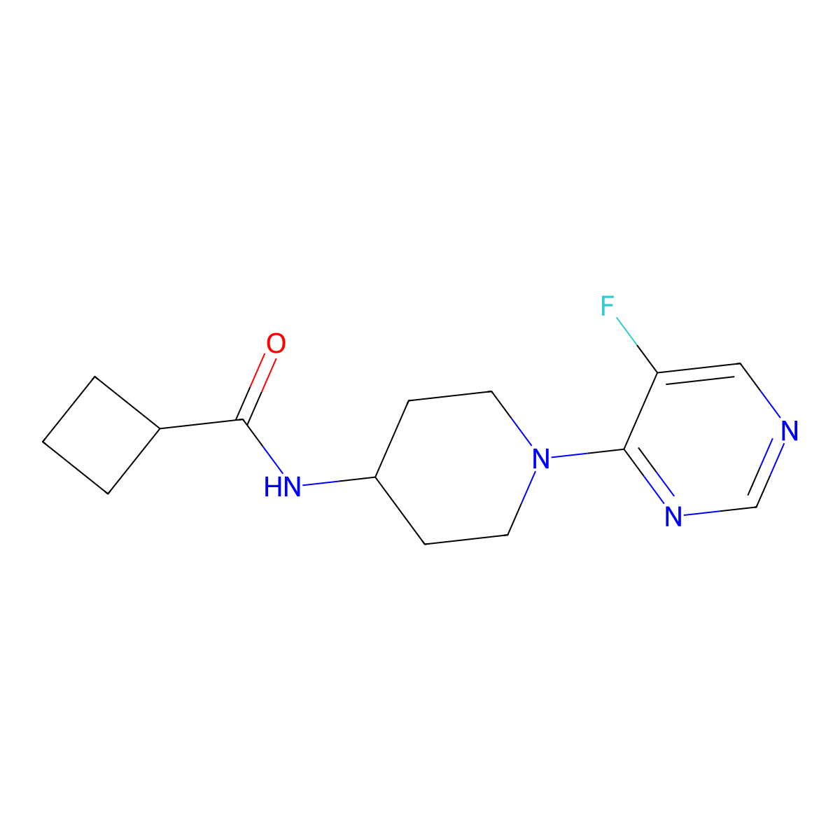 N-[1-(5-fluoropyrimidin-4-yl)piperidin-4-yl]cyclobutanecarboxamide molecular structure, CAS 2770642-59-4