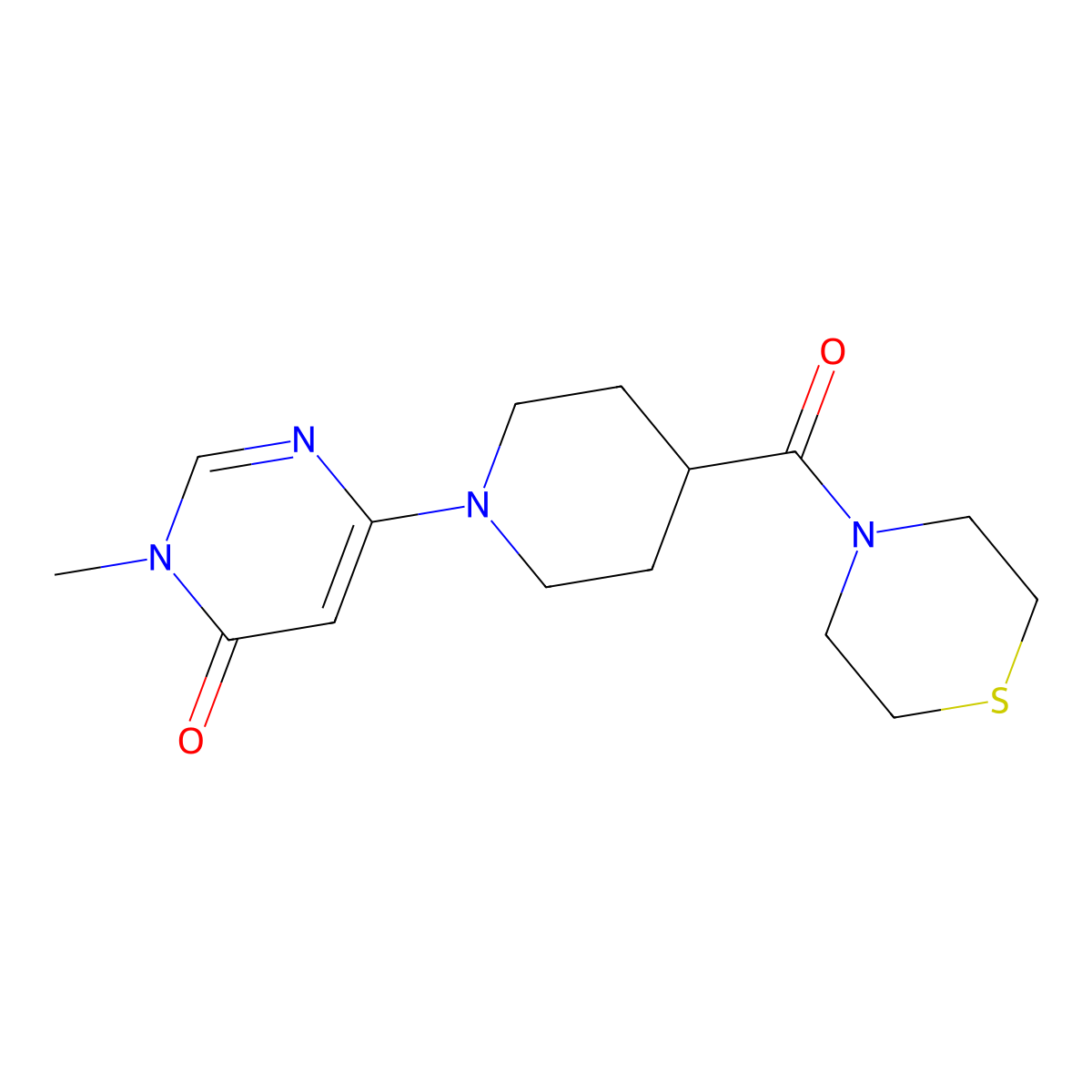 3-Methyl-6-[4-(thiomorpholine-4-carbonyl)piperidin-1-yl]-3,4-dihydropyrimidin-4-one molecular structure, CAS 2770642-61-8