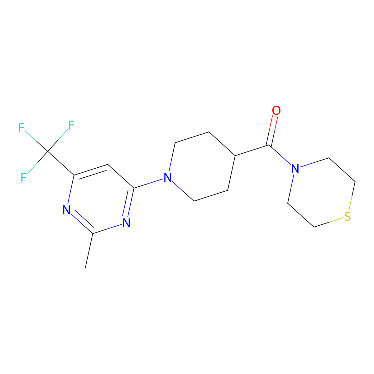 4-{1-[2-Methyl-6-(trifluoromethyl)pyrimidin-4-yl]piperidine-4-carbonyl}thiomorpholine molecular structure, CAS 2770642-62-9