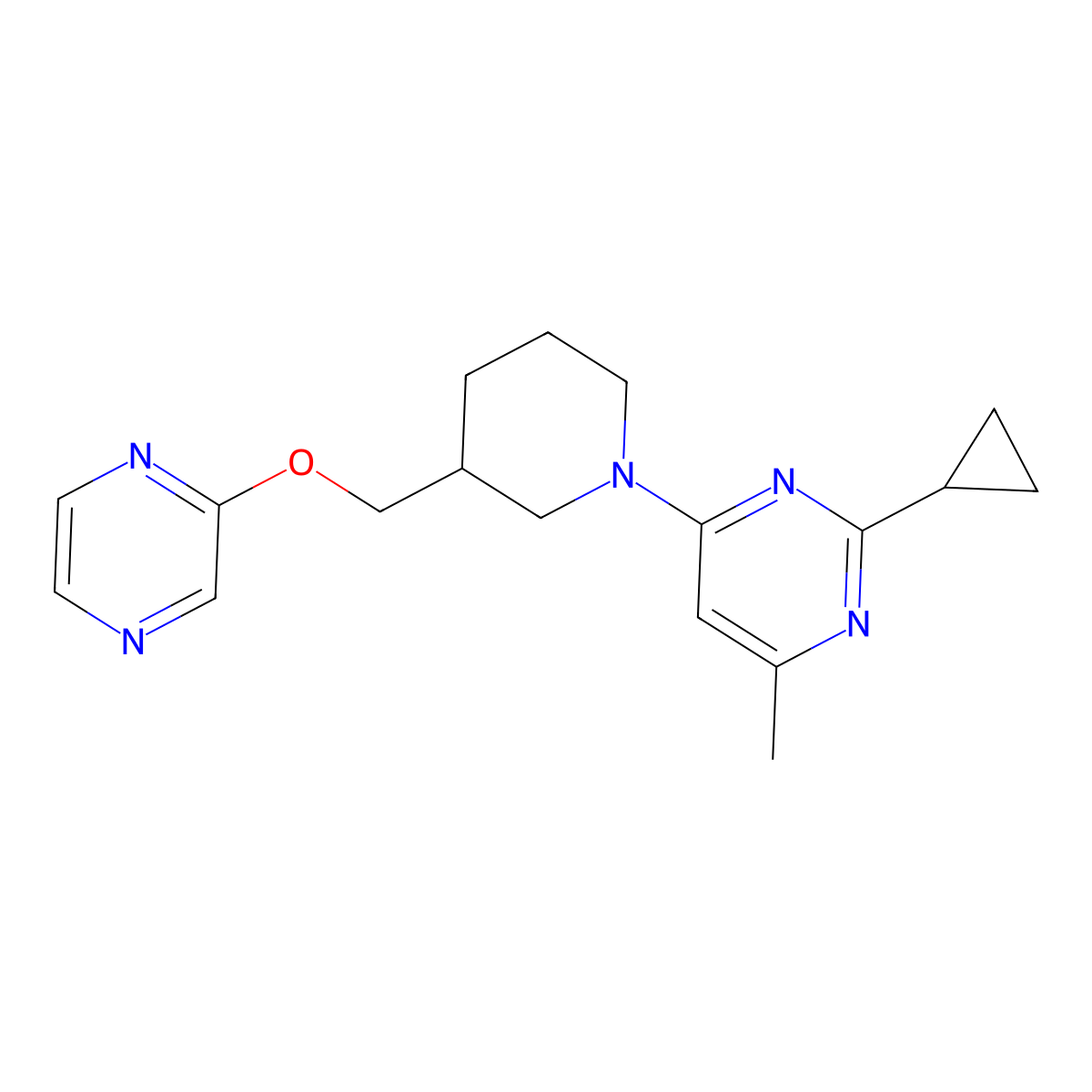 2-Cyclopropyl-4-methyl-6-{3-[(pyrazin-2-yloxy)methyl]piperidin-1-yl}pyrimidine molecular structure, CAS 2770642-66-3