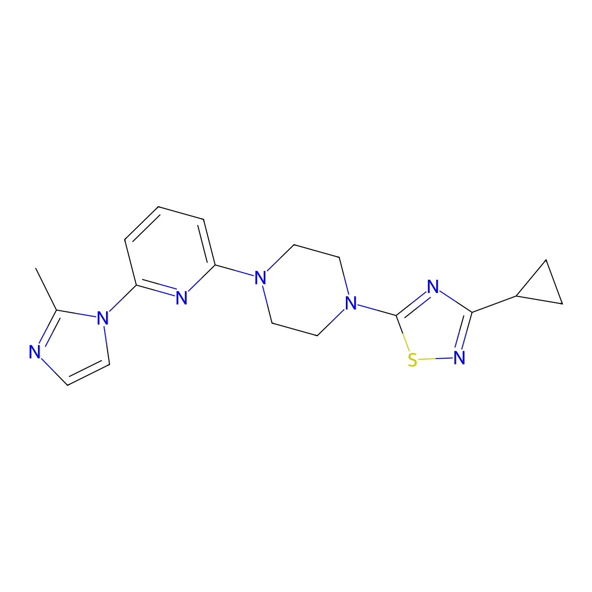 1-(3-cyclopropyl-1,2,4-thiadiazol-5-yl)-4-[6-(2-methyl-1H-imidazol-1-yl)pyridin-2-yl]piperazine molecular structure, CAS 2770642-71-0