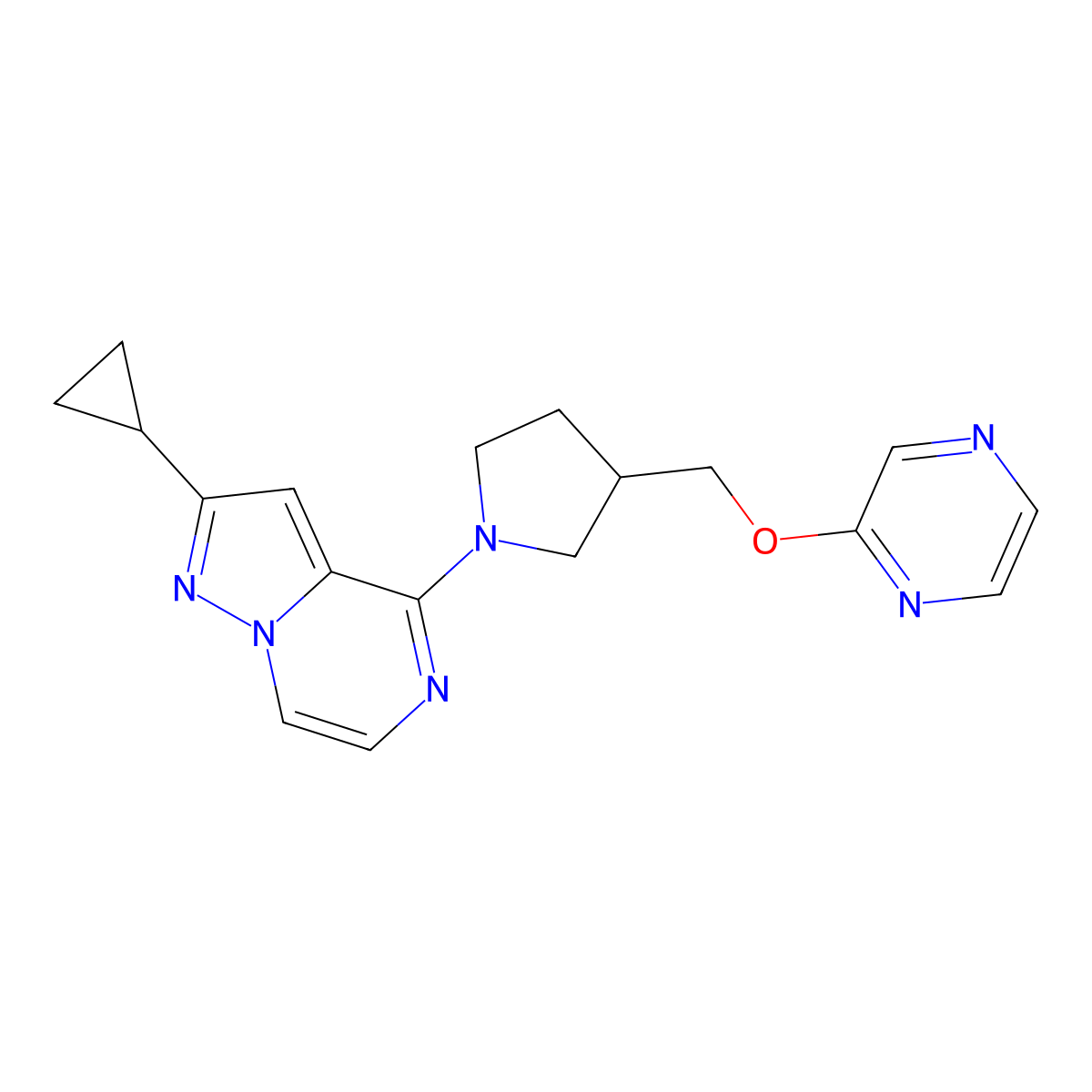 2-[(1-{2-Cyclopropylpyrazolo[1,5-a]pyrazin-4-yl}pyrrolidin-3-yl)methoxy]pyrazine molecular structure, CAS 2770642-72-1