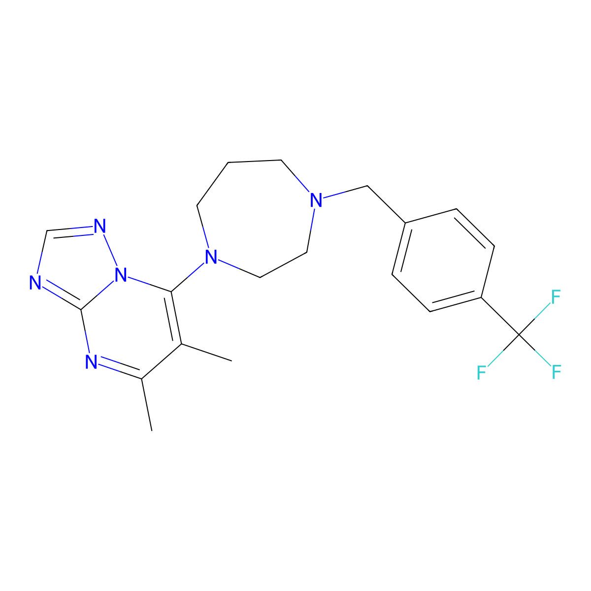 1-{5,6-Dimethyl-[1,2,4]triazolo[1,5-a]pyrimidin-7-yl}-4-{[4-(trifluoromethyl)phenyl]methyl}-1,4-diazepane molecular structure, CAS 2770642-77-6