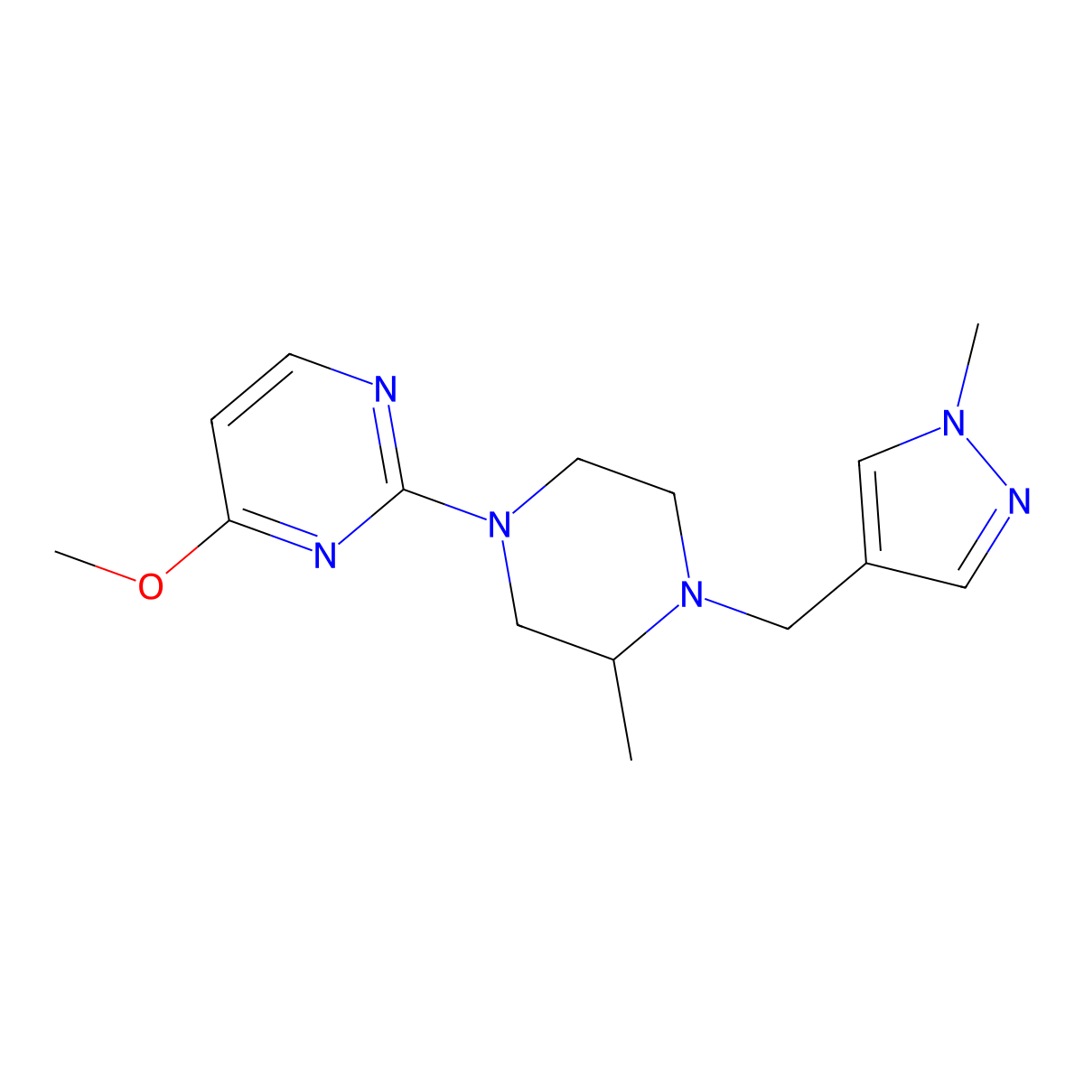 4-methoxy-2-{3-methyl-4-[(1-methyl-1H-pyrazol-4-yl)methyl]piperazin-1-yl}pyrimidine molecular structure, CAS 2770642-78-7