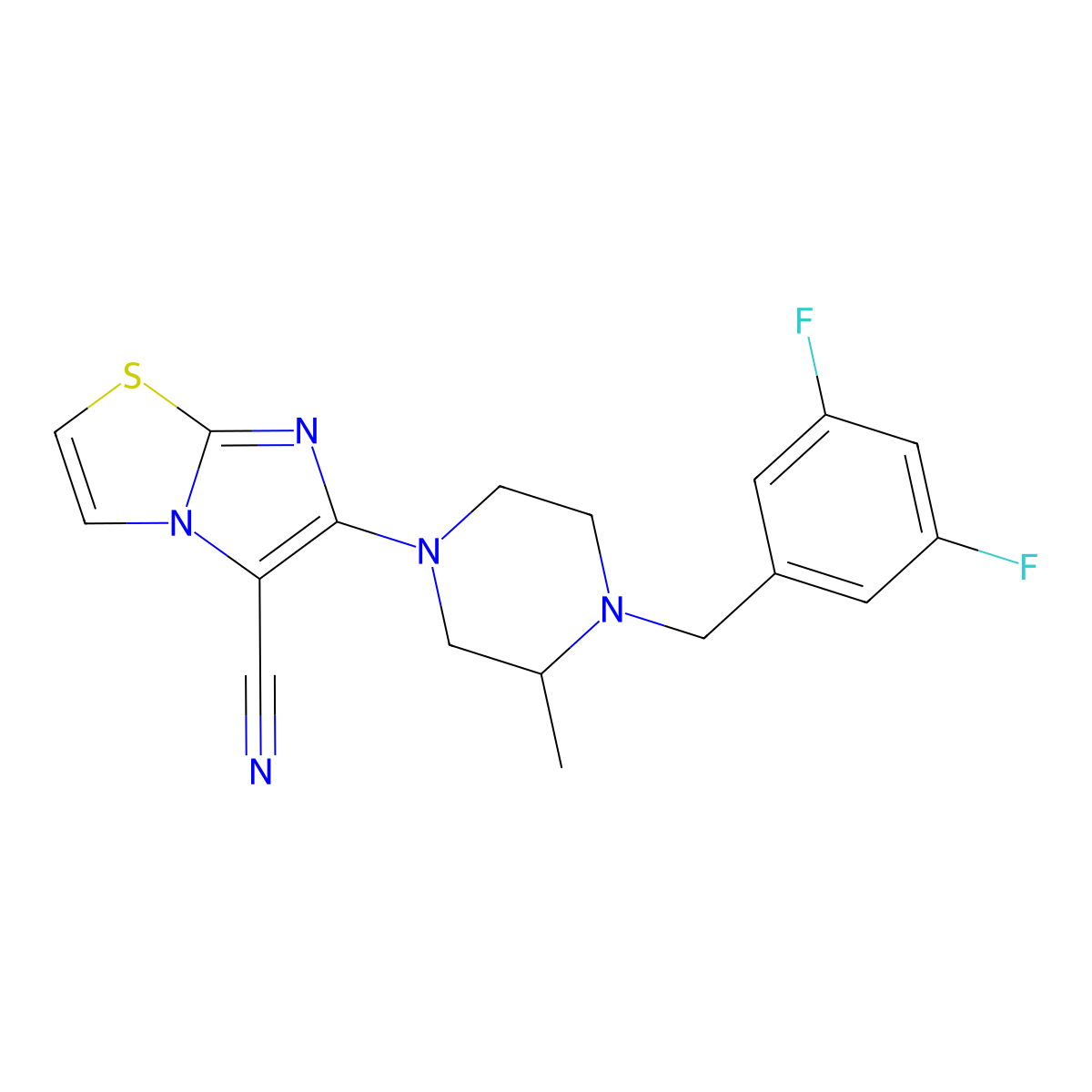 6-{4-[(3,5-Difluorophenyl)methyl]-3-methylpiperazin-1-yl}imidazo[2,1-b][1,3]thiazole-5-carbonitrile molecular structure, CAS 2770642-79-8