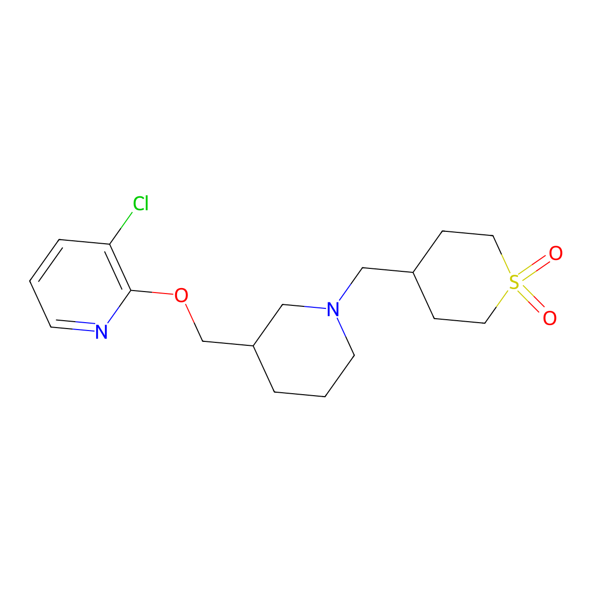 4-[(3-{[(3-Chloropyridin-2-yl)oxy]methyl}piperidin-1-yl)methyl]-1lambda6-thiane-1,1-dione molecular structure, CAS 2770642-80-1