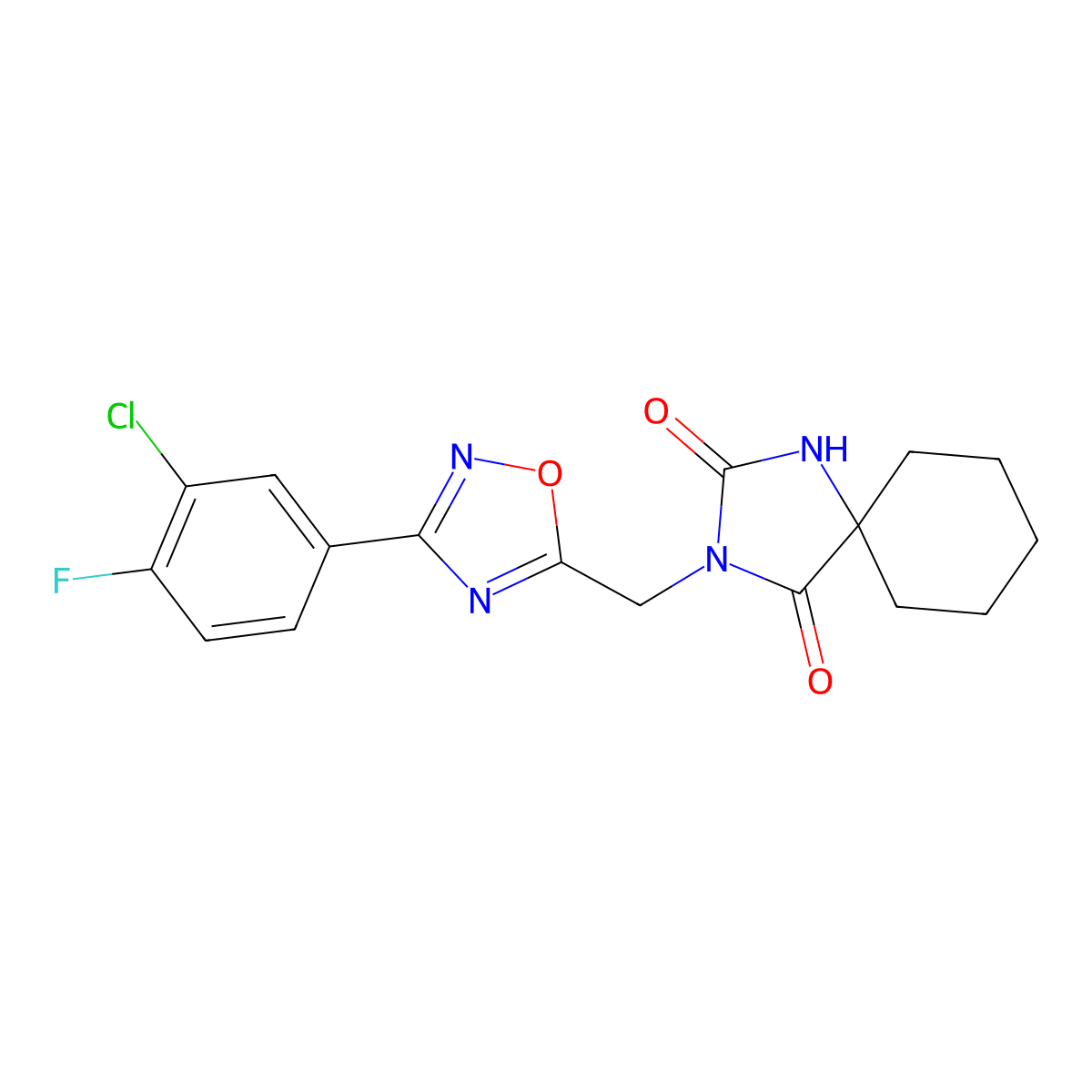 3-{[3-(3-Chloro-4-fluorophenyl)-1,2,4-oxadiazol-5-yl]methyl}-1,3-diazaspiro[4.5]decane-2,4-dione molecular structure, CAS 2770642-84-5