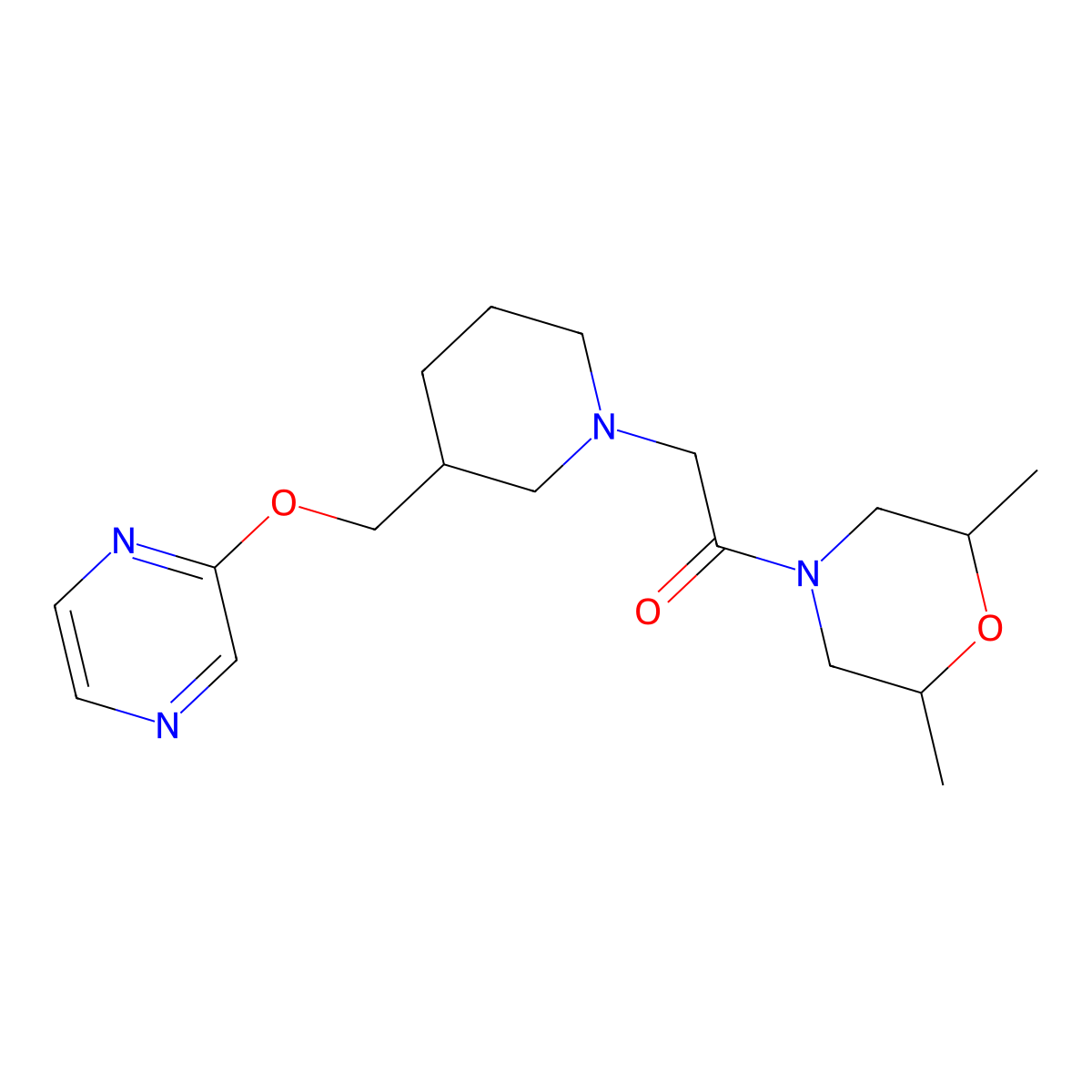 1-(2,6-Dimethylmorpholin-4-yl)-2-{3-[(pyrazin-2-yloxy)methyl]piperidin-1-yl}ethan-1-one molecular structure, CAS 2770642-87-8