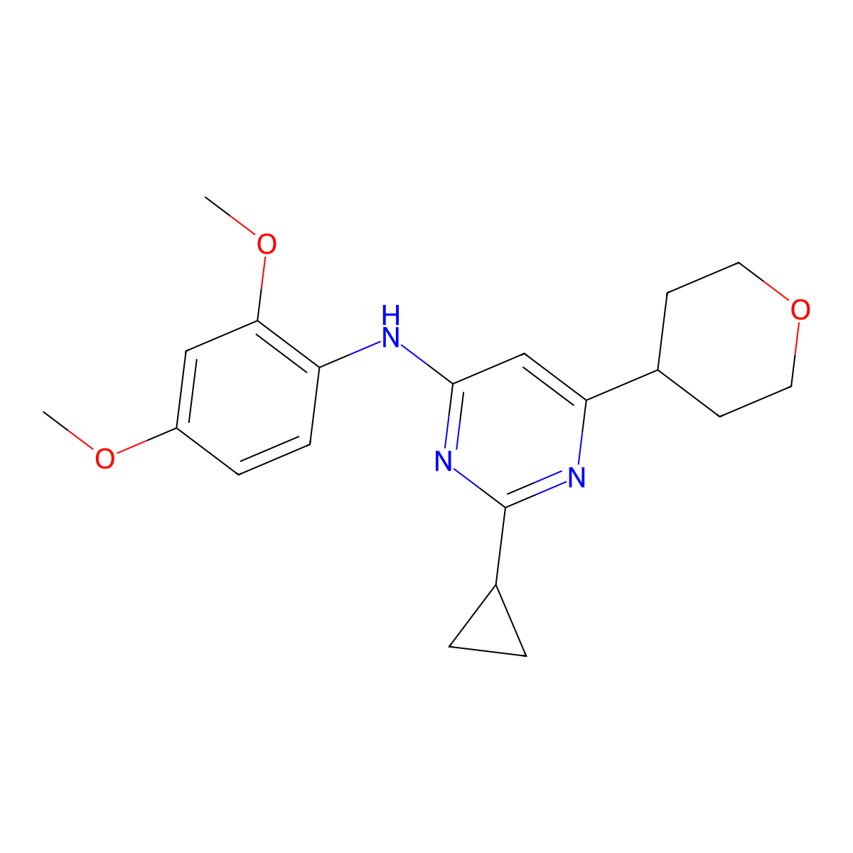 2-cyclopropyl-N-(2,4-dimethoxyphenyl)-6-(oxan-4-yl)pyrimidin-4-amine molecular structure, CAS 2770642-92-5
