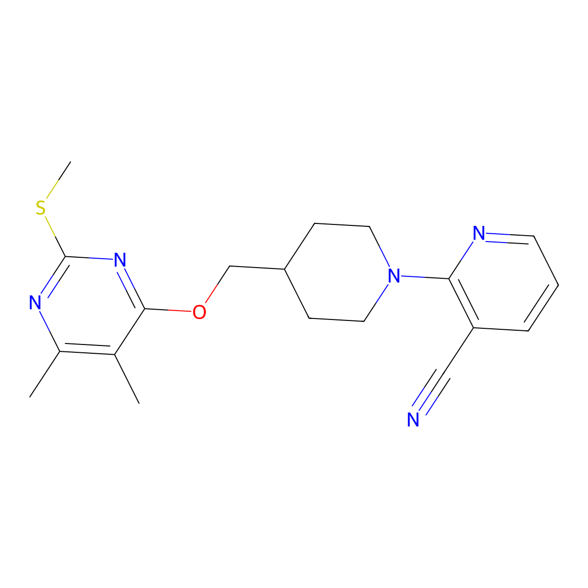 2-[4-({[5,6-Dimethyl-2-(methylsulfanyl)pyrimidin-4-yl]oxy}methyl)piperidin-1-yl]pyridine-3-carbonitrile molecular structure, CAS 2770642-95-8