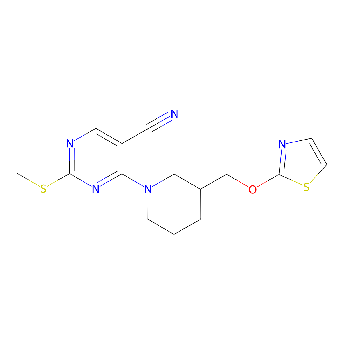 2-(Methylsulfanyl)-4-{3-[(1,3-thiazol-2-yloxy)methyl]piperidin-1-yl}pyrimidine-5-carbonitrile molecular structure, CAS 2770643-02-0