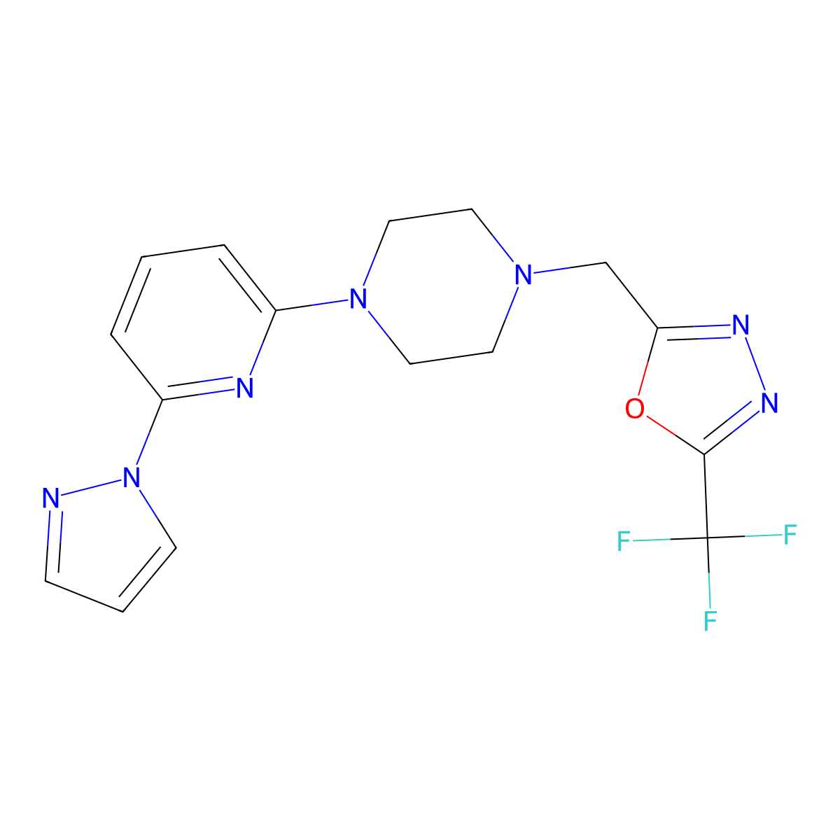 1-[6-(1H-pyrazol-1-yl)pyridin-2-yl]-4-{[5-(trifluoromethyl)-1,3,4-oxadiazol-2-yl]methyl}piperazine molecular structure, CAS 2770643-19-9