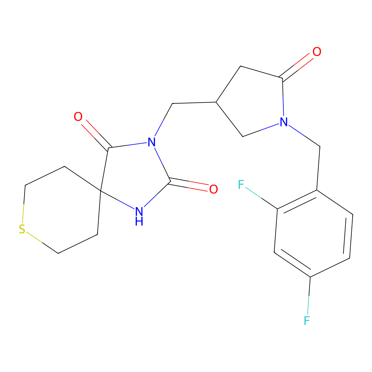 3-({1-[(2,4-Difluorophenyl)methyl]-5-oxopyrrolidin-3-yl}methyl)-8-thia-1,3-diazaspiro[4.5]decane-2,4-dione molecular structure, CAS 2770643-28-0