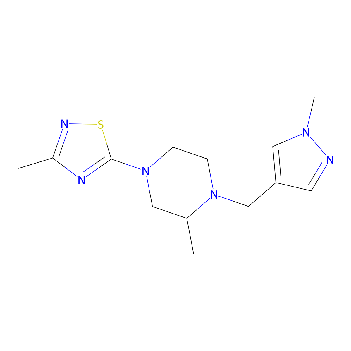 2-methyl-4-(3-methyl-1,2,4-thiadiazol-5-yl)-1-[(1-methyl-1H-pyrazol-4-yl)methyl]piperazine molecular structure, CAS 2770643-31-5