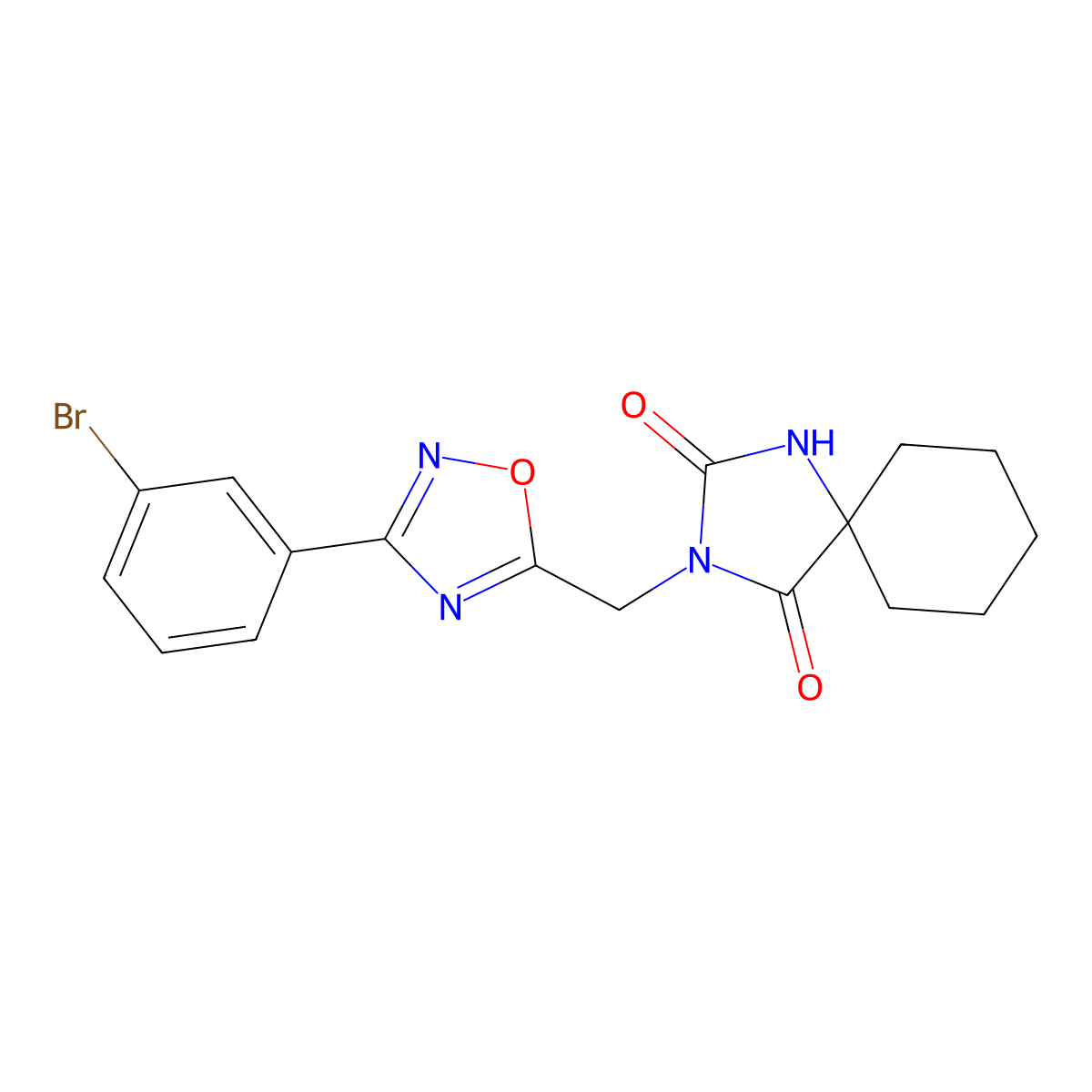 3-{[3-(3-Bromophenyl)-1,2,4-oxadiazol-5-yl]methyl}-1,3-diazaspiro[4.5]decane-2,4-dione molecular structure, CAS 2770643-34-8