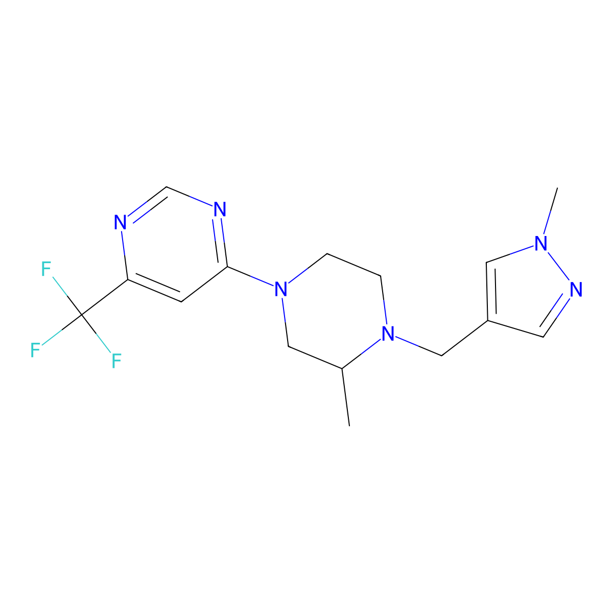 4-{3-methyl-4-[(1-methyl-1H-pyrazol-4-yl)methyl]piperazin-1-yl}-6-(trifluoromethyl)pyrimidine molecular structure, CAS 2770643-39-3