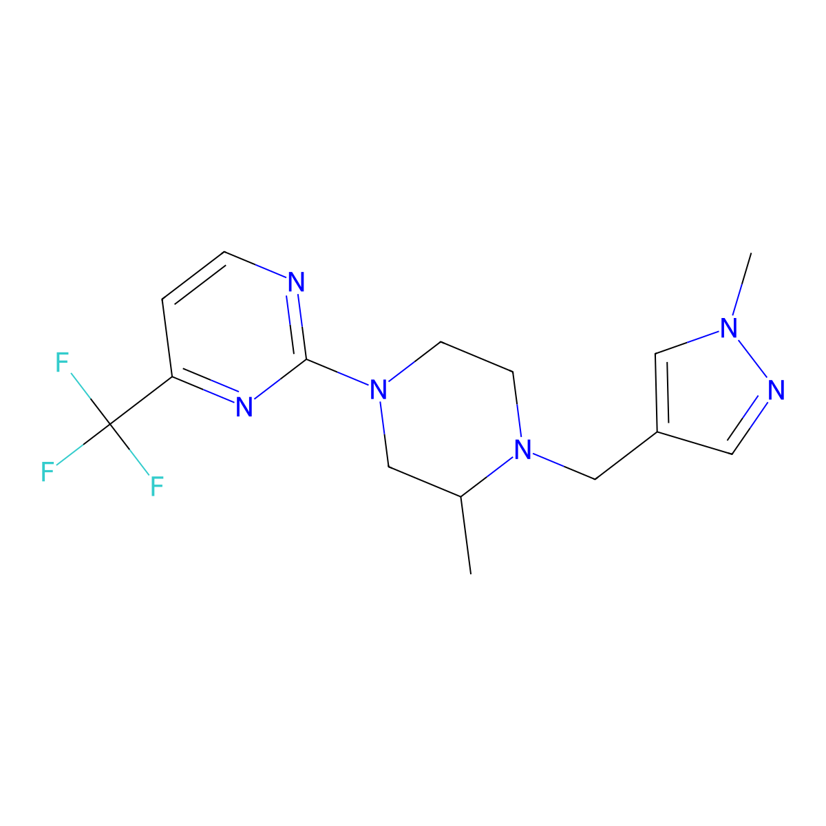 2-{3-methyl-4-[(1-methyl-1H-pyrazol-4-yl)methyl]piperazin-1-yl}-4-(trifluoromethyl)pyrimidine molecular structure, CAS 2770643-40-6
