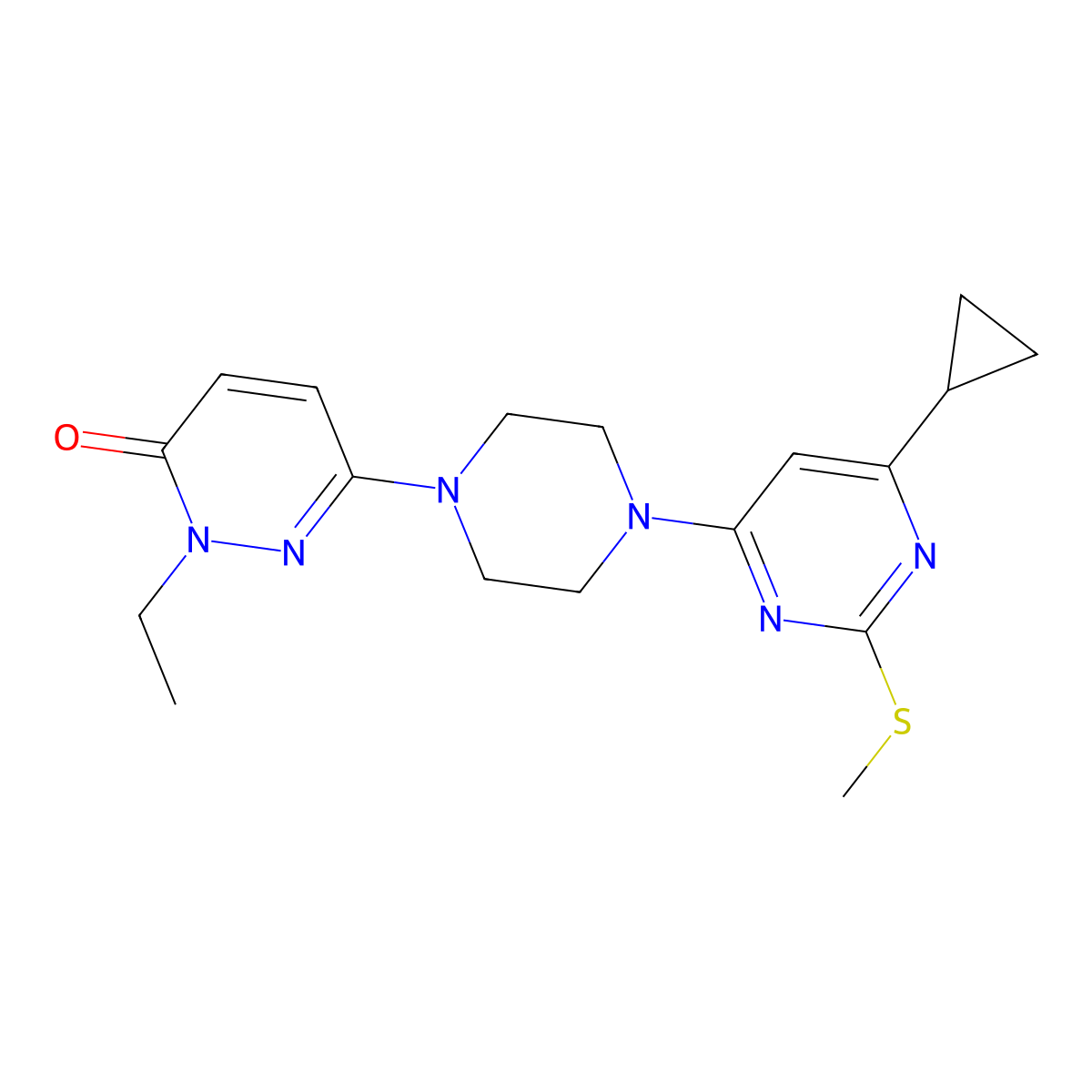 6-{4-[6-Cyclopropyl-2-(methylsulfanyl)pyrimidin-4-yl]piperazin-1-yl}-2-ethyl-2,3-dihydropyridazin-3-one molecular structure, CAS 2770643-44-0