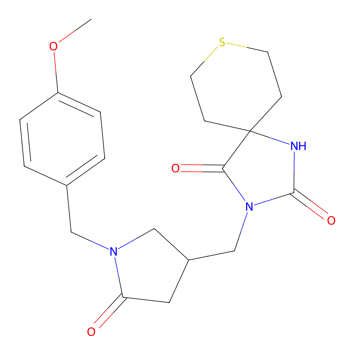 3-({1-[(4-Methoxyphenyl)methyl]-5-oxopyrrolidin-3-yl}methyl)-8-thia-1,3-diazaspiro[4.5]decane-2,4-dione molecular structure, CAS 2770643-47-3