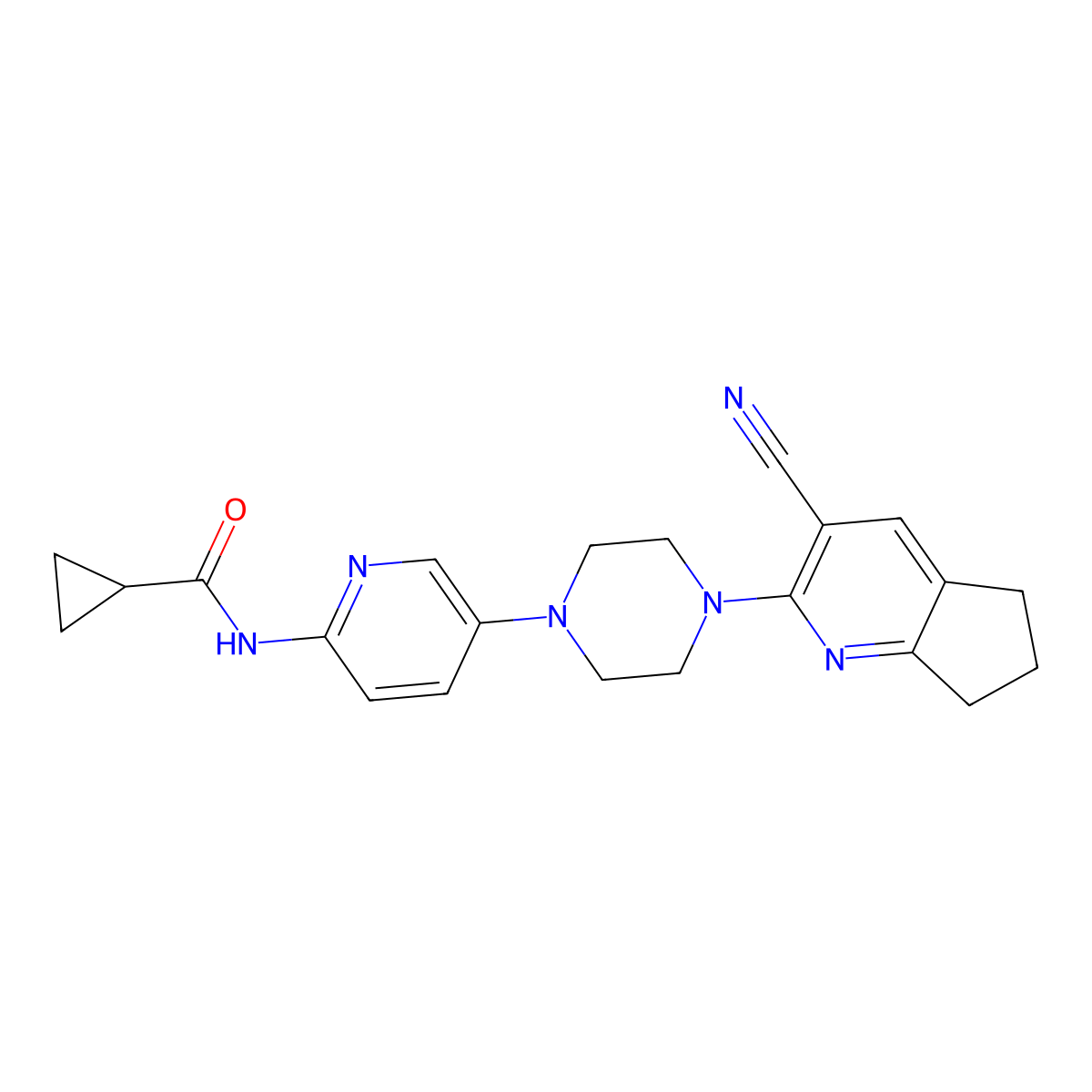 N-[5-(4-{3-cyano-5H,6H,7H-cyclopenta[b]pyridin-2-yl}piperazin-1-yl)pyridin-2-yl]cyclopropanecarboxamide molecular structure, CAS 2770643-51-9
