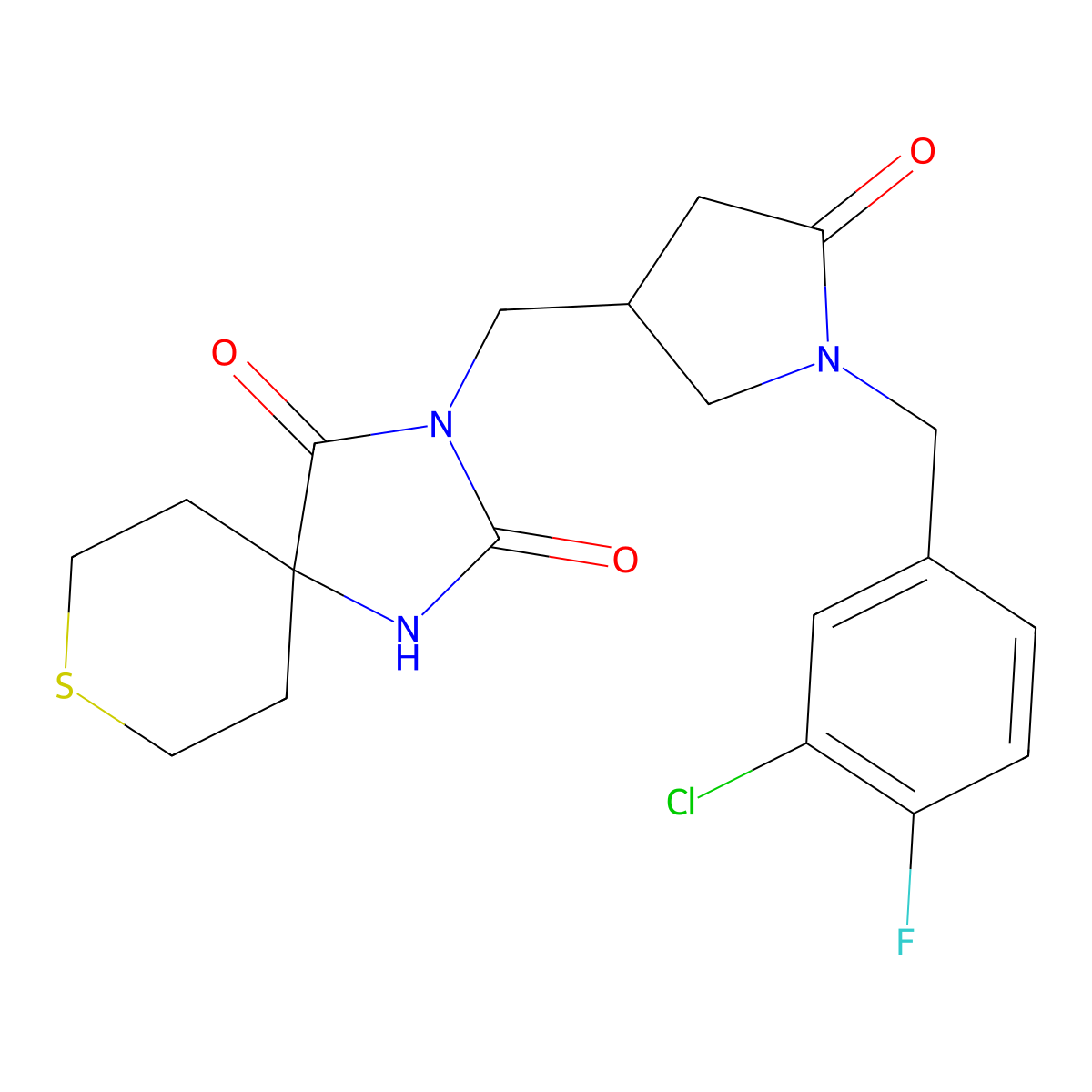 3-({1-[(3-Chloro-4-fluorophenyl)methyl]-5-oxopyrrolidin-3-yl}methyl)-8-thia-1,3-diazaspiro[4.5]decane-2,4-dione molecular structure, CAS 2770643-55-3