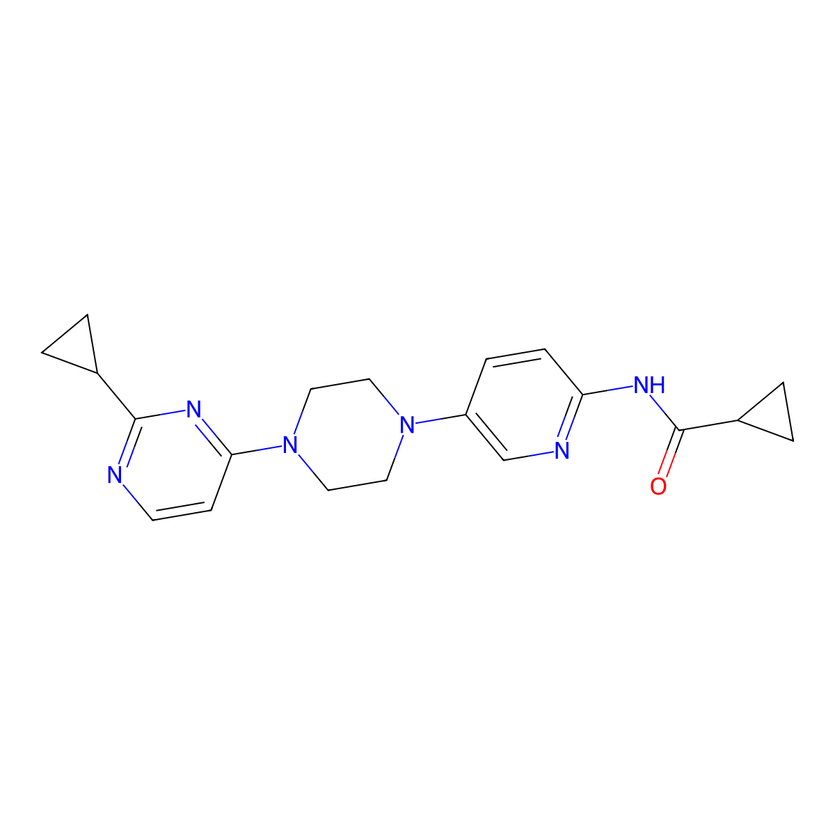 N-{5-[4-(2-cyclopropylpyrimidin-4-yl)piperazin-1-yl]pyridin-2-yl}cyclopropanecarboxamide molecular structure, CAS 2770643-59-7