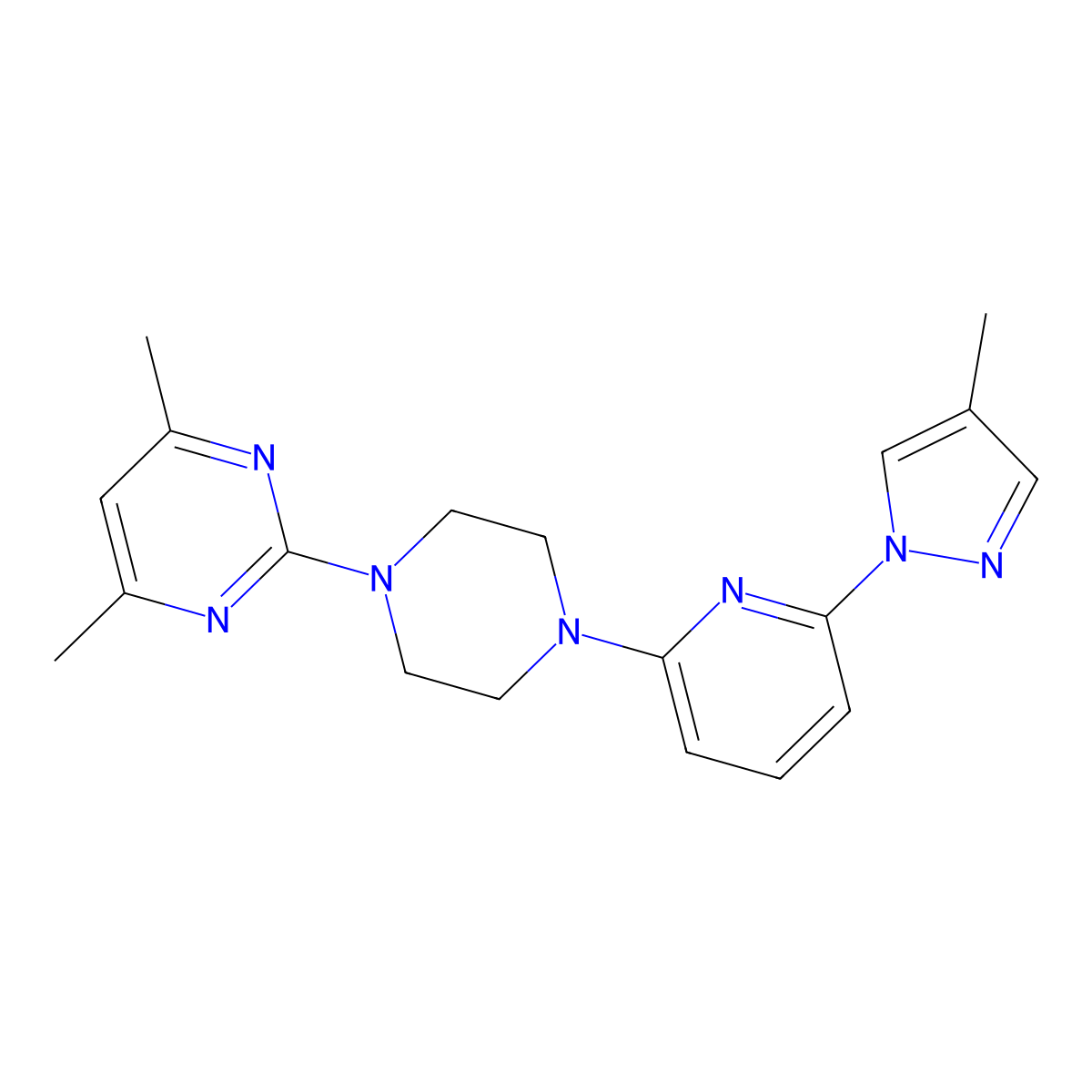 4,6-dimethyl-2-{4-[6-(4-methyl-1H-pyrazol-1-yl)pyridin-2-yl]piperazin-1-yl}pyrimidine molecular structure, CAS 2770643-61-1