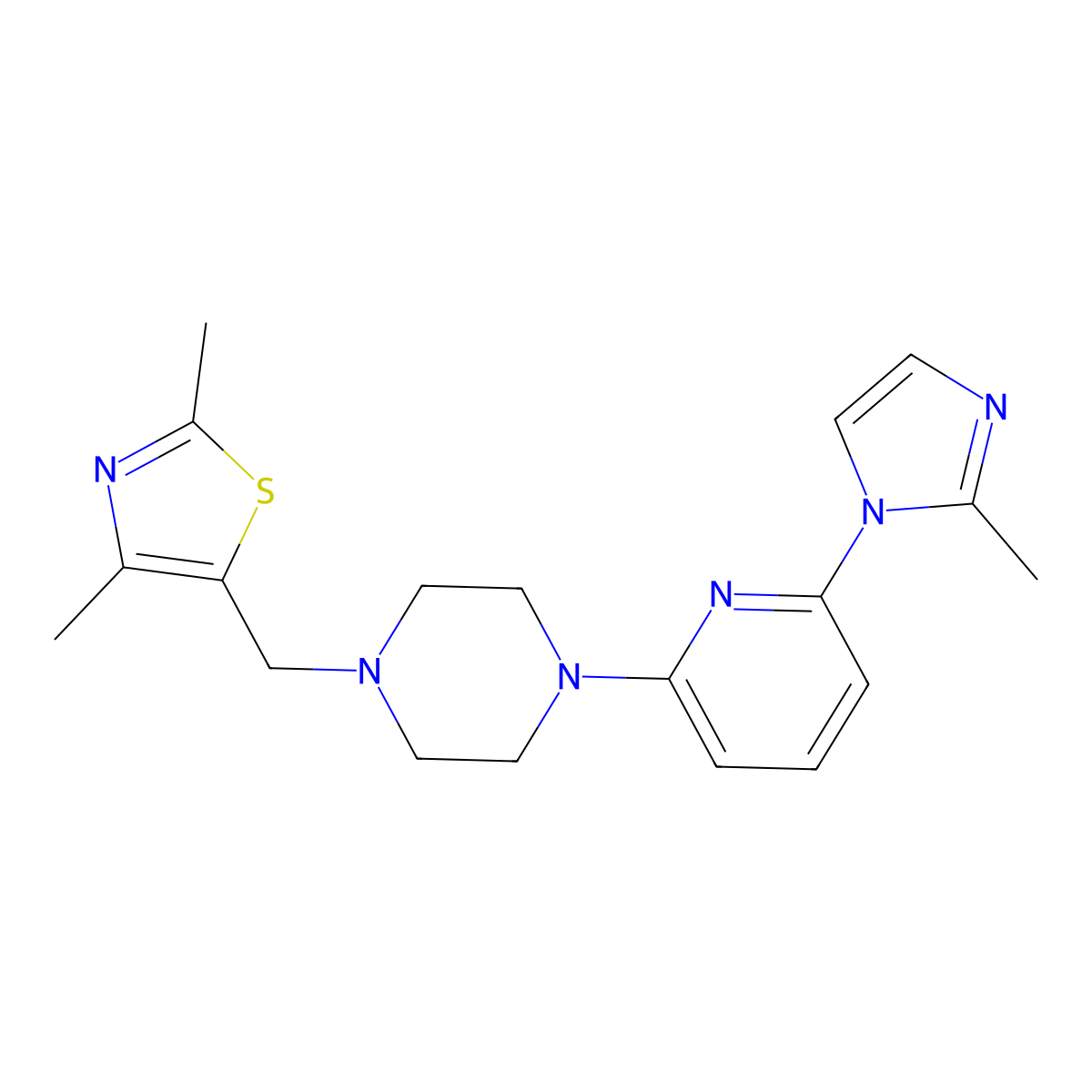 1-[(2,4-dimethyl-1,3-thiazol-5-yl)methyl]-4-[6-(2-methyl-1H-imidazol-1-yl)pyridin-2-yl]piperazine molecular structure, CAS 2770643-62-2