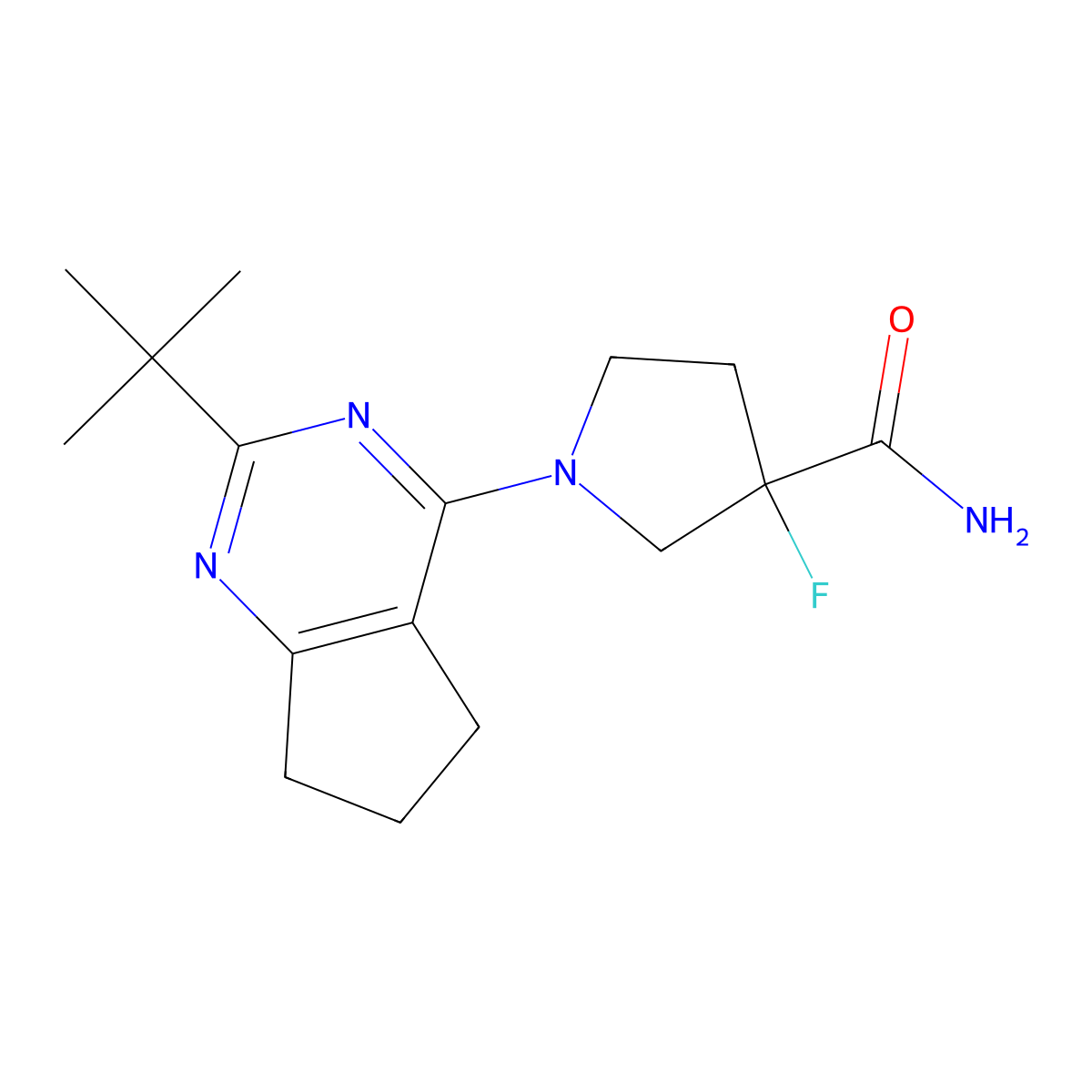 1-{2-tert-butyl-5H,6H,7H-cyclopenta[d]pyrimidin-4-yl}-3-fluoropyrrolidine-3-carboxamide molecular structure, CAS 2770643-65-5